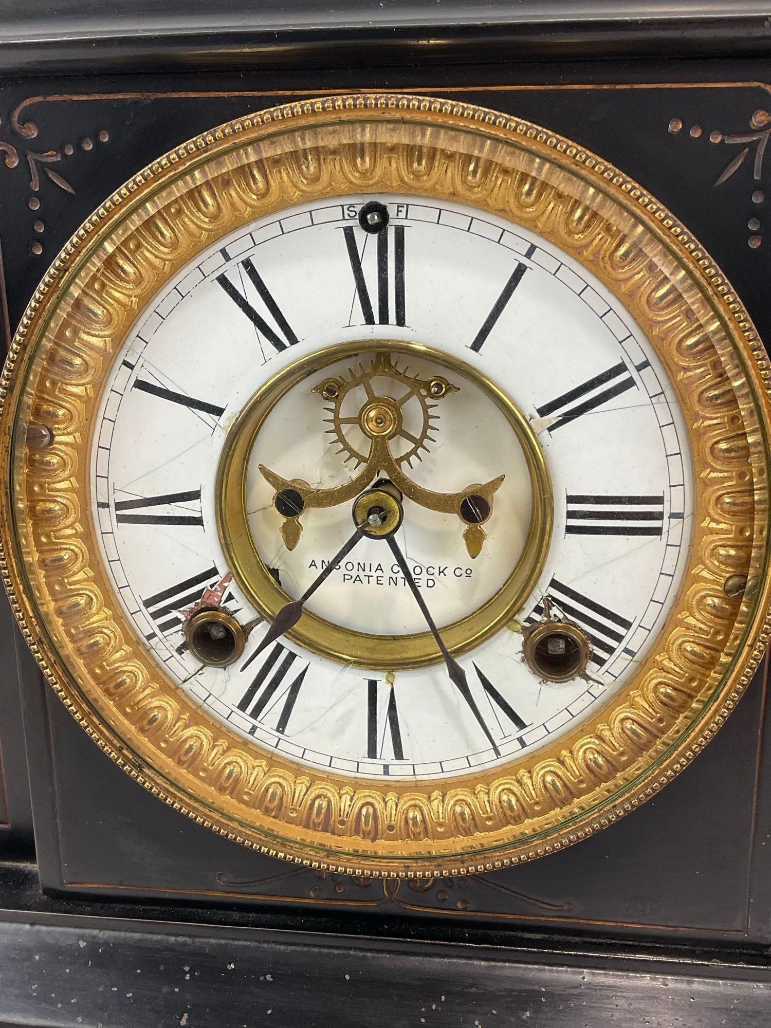 Antique Steel Case Ansonia Mantel Clock, Time Strike Chime, 12x13x7 in, Dark Black w/Gilt details - 2