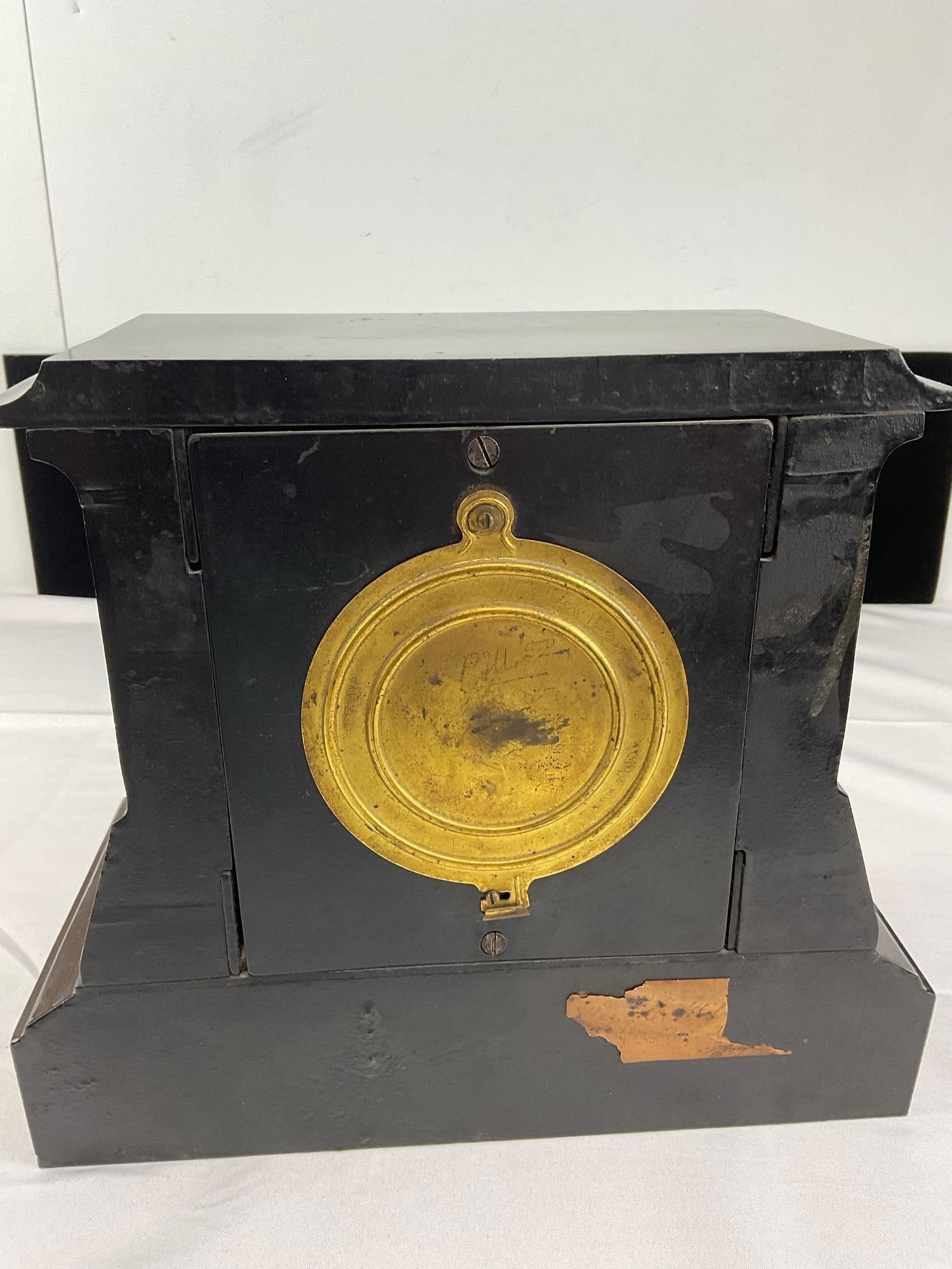 Antique Steel Case Ansonia Mantel Clock, Time Strike Chime, 12x13x7 in, Dark Black w/Gilt details - 4
