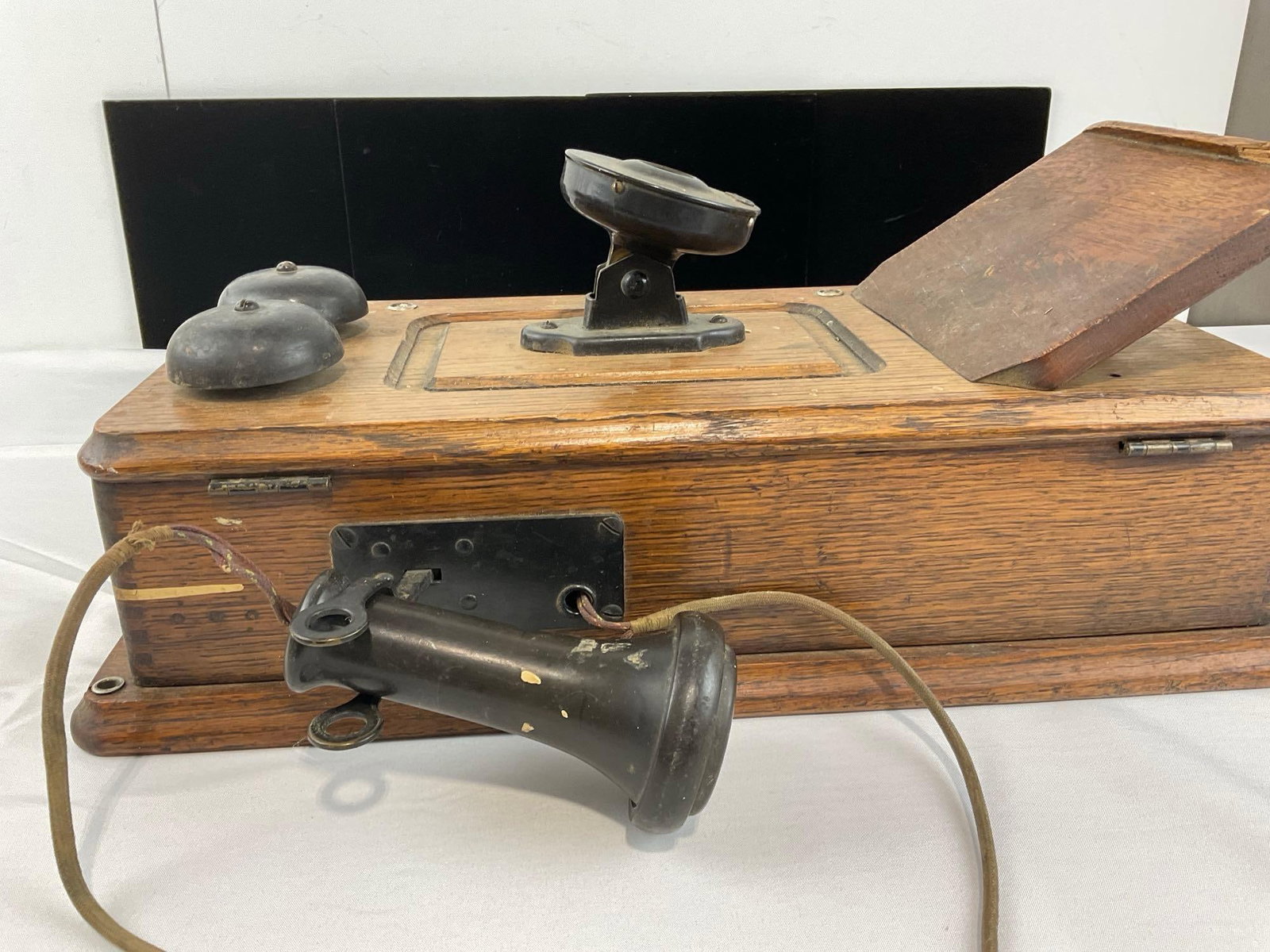 Antique Early 1900s Antique Wooden Wall Mounted Crank Telephone, Mouth cone missing - 3