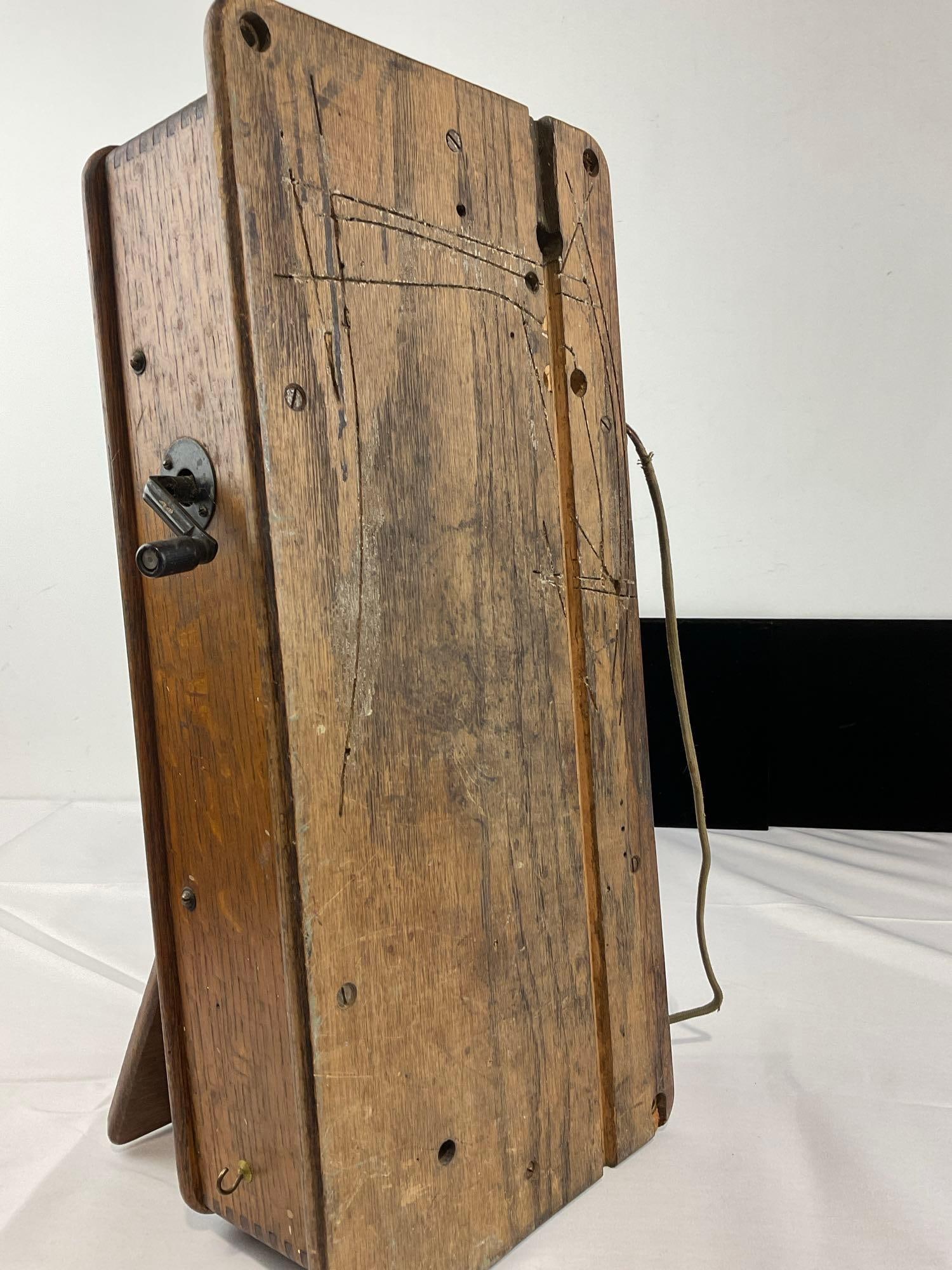 Antique Early 1900s Antique Wooden Wall Mounted Crank Telephone, Mouth cone missing - 7