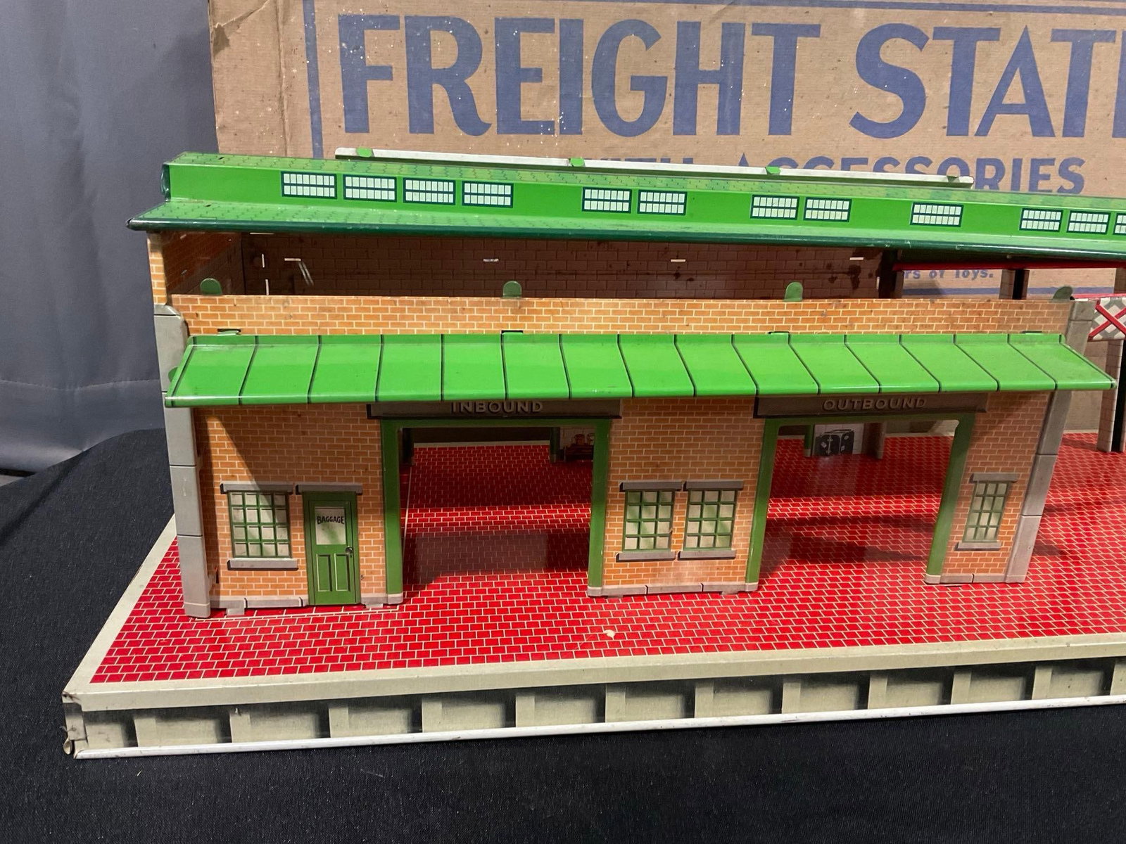 Marx Freight Station Tin Train Model w/original cardboard box, 5h x 31w x 13d inches - 2