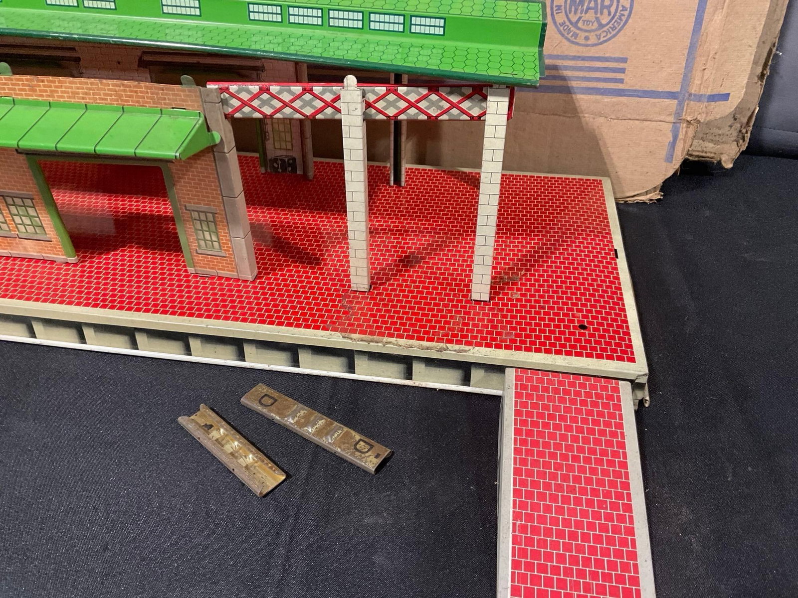 Marx Freight Station Tin Train Model w/original cardboard box, 5h x 31w x 13d inches - 3