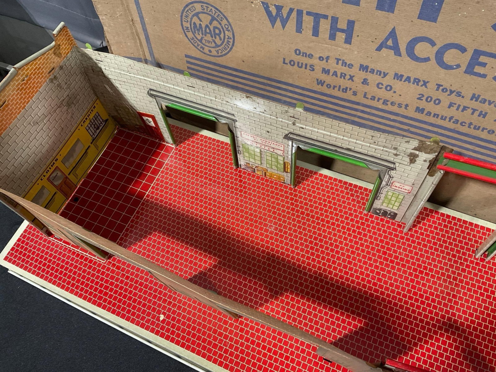 Marx Freight Station Tin Train Model w/original cardboard box, 5h x 31w x 13d inches - 5
