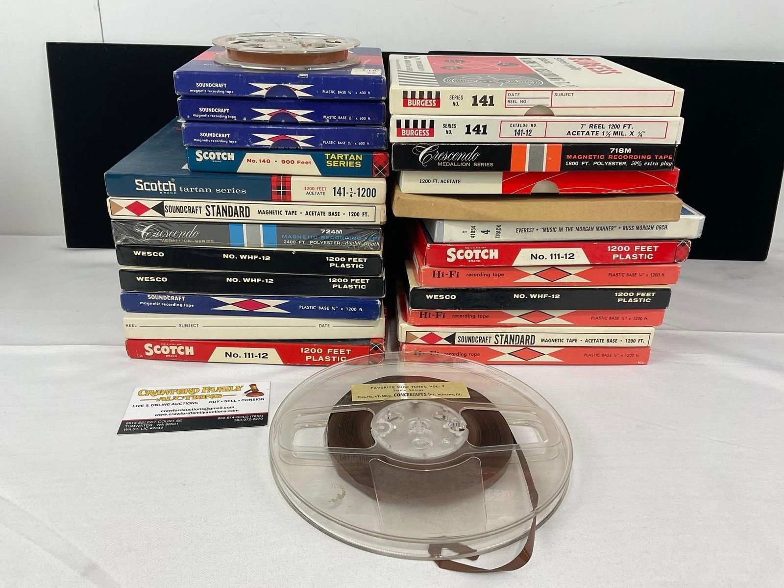 Selection of Magnetic Tapes in boxes, Acetate & Plastic, Scotch, Wesco, Soundcraft, & more: Appears to be in good shape. The piece measures approx 15h x 11w x 11d inches. See pics. E-6610
