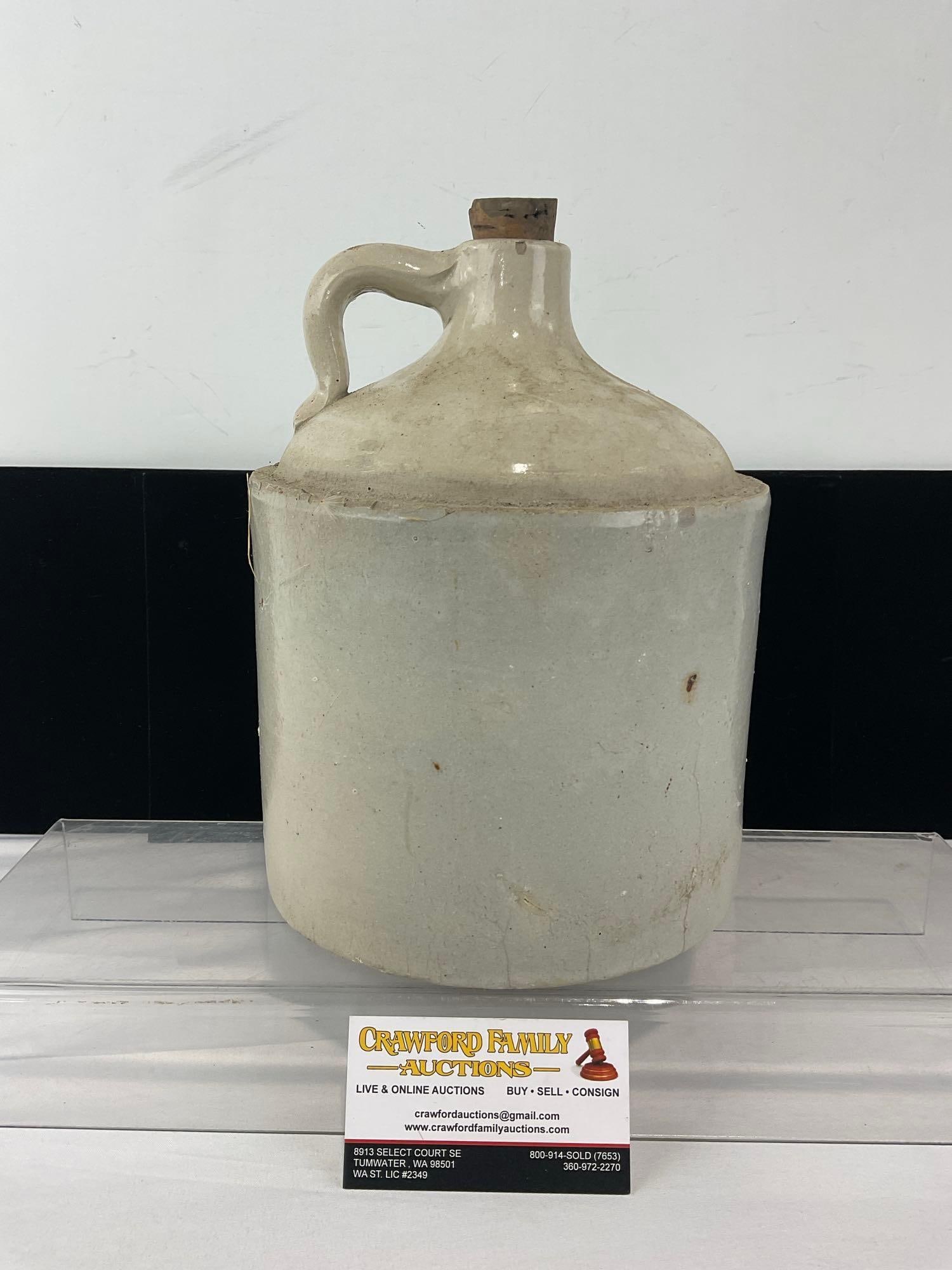 Vintage White Glazed Stoneware Crock Jug, w/Cork, 11h x 8w x 8d inches: Appears to be in good shape. The piece measures approx 11h x 8w x 8d inches. See pics. E-6610