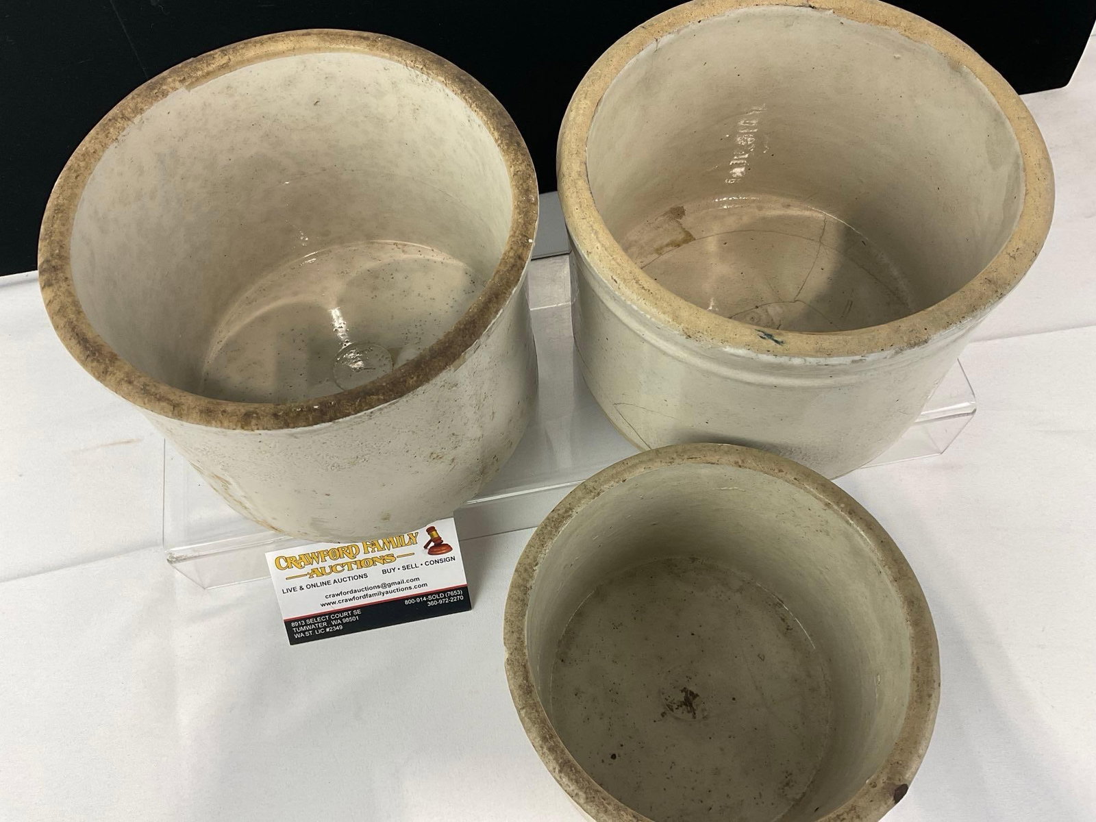 3 Stoneware White Glazed Crocks, 2 8 inch, 1 smaller 6 inch - 2
