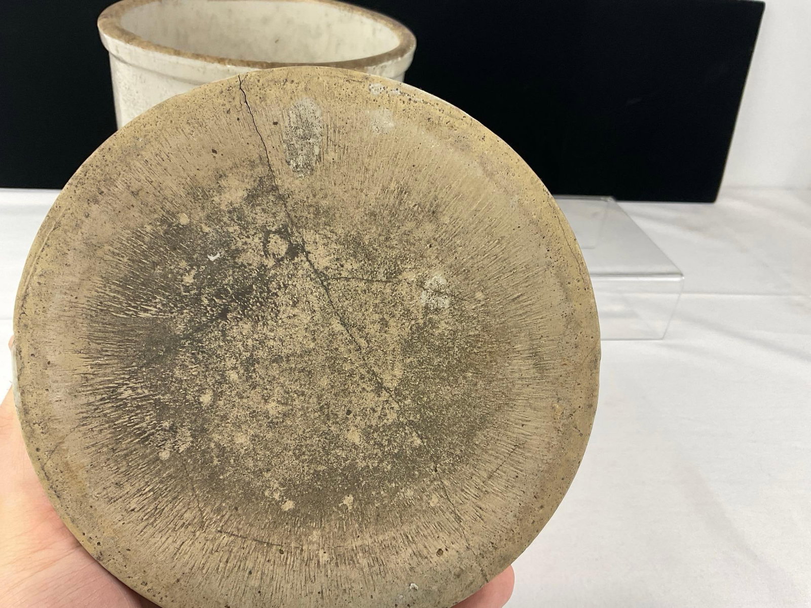 3 Stoneware White Glazed Crocks, 2 8 inch, 1 smaller 6 inch - 7