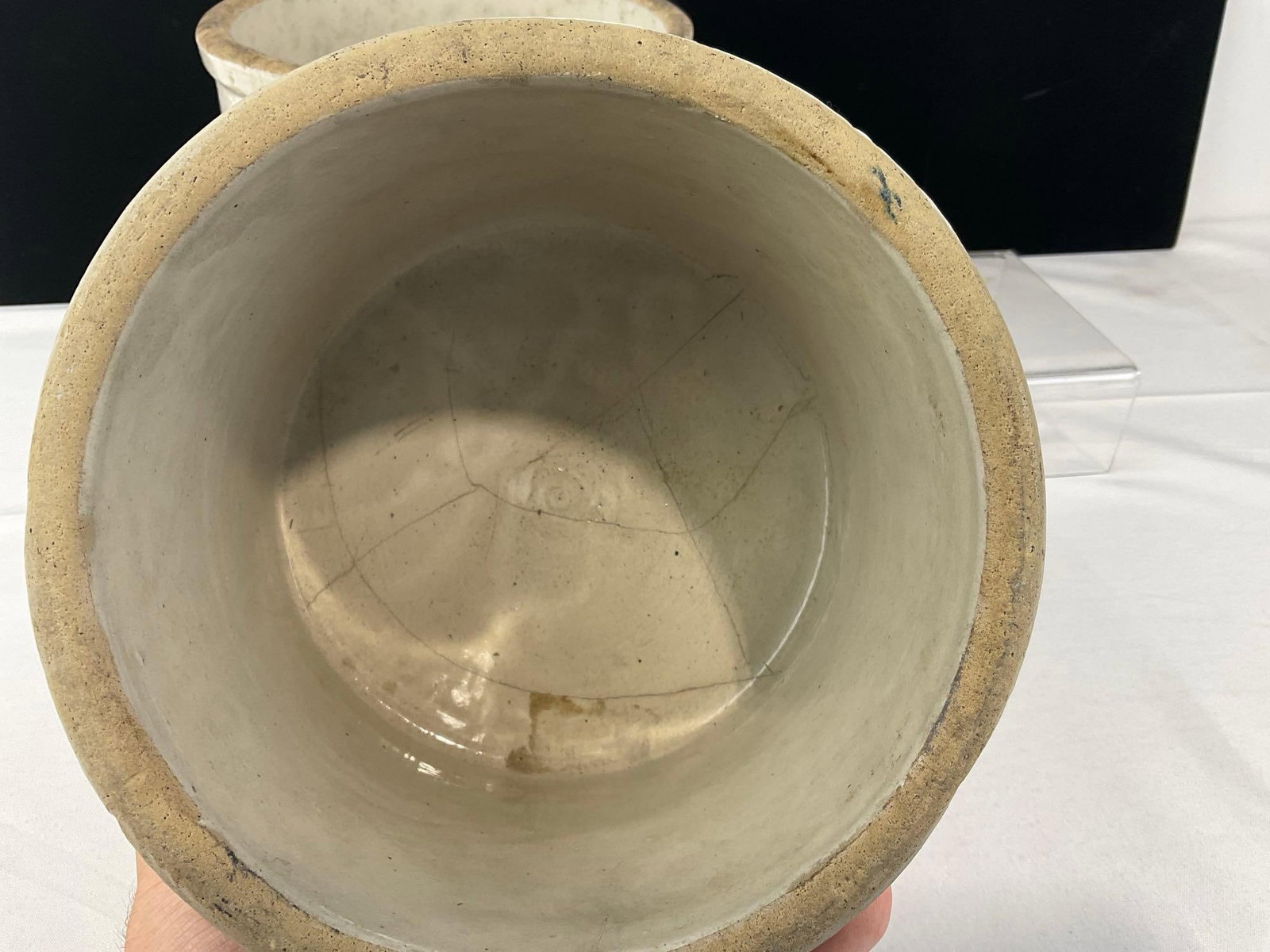 3 Stoneware White Glazed Crocks, 2 8 inch, 1 smaller 6 inch - 8