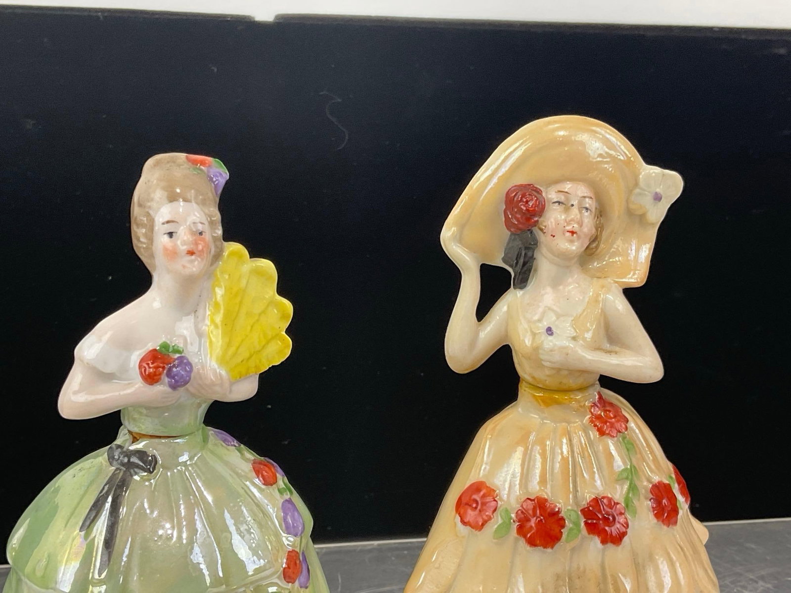 Pair of Fine Perfumeries, Two Glazed Lady Figures, w/thin glass dobbers, some wear - 2