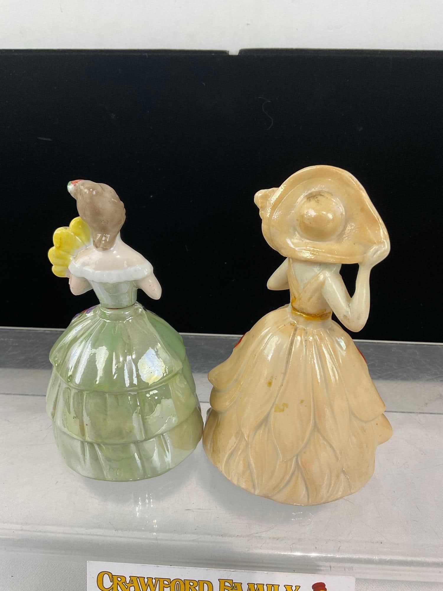 Pair of Fine Perfumeries, Two Glazed Lady Figures, w/thin glass dobbers, some wear - 3