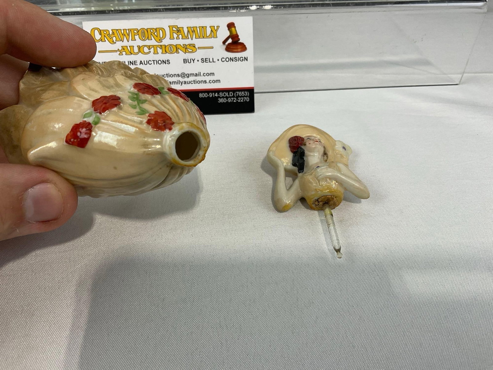 Pair of Fine Perfumeries, Two Glazed Lady Figures, w/thin glass dobbers, some wear - 4