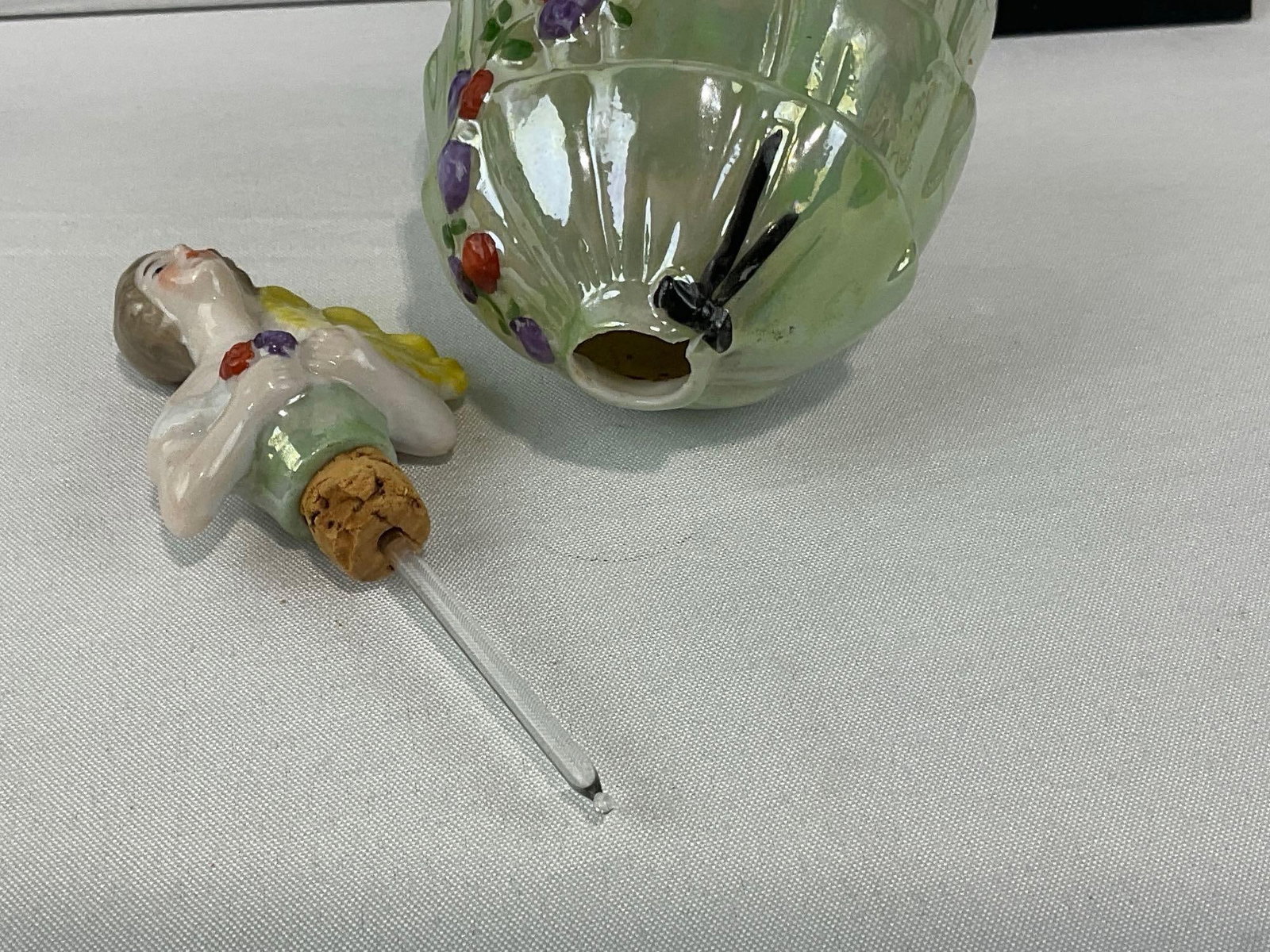 Pair of Fine Perfumeries, Two Glazed Lady Figures, w/thin glass dobbers, some wear - 5