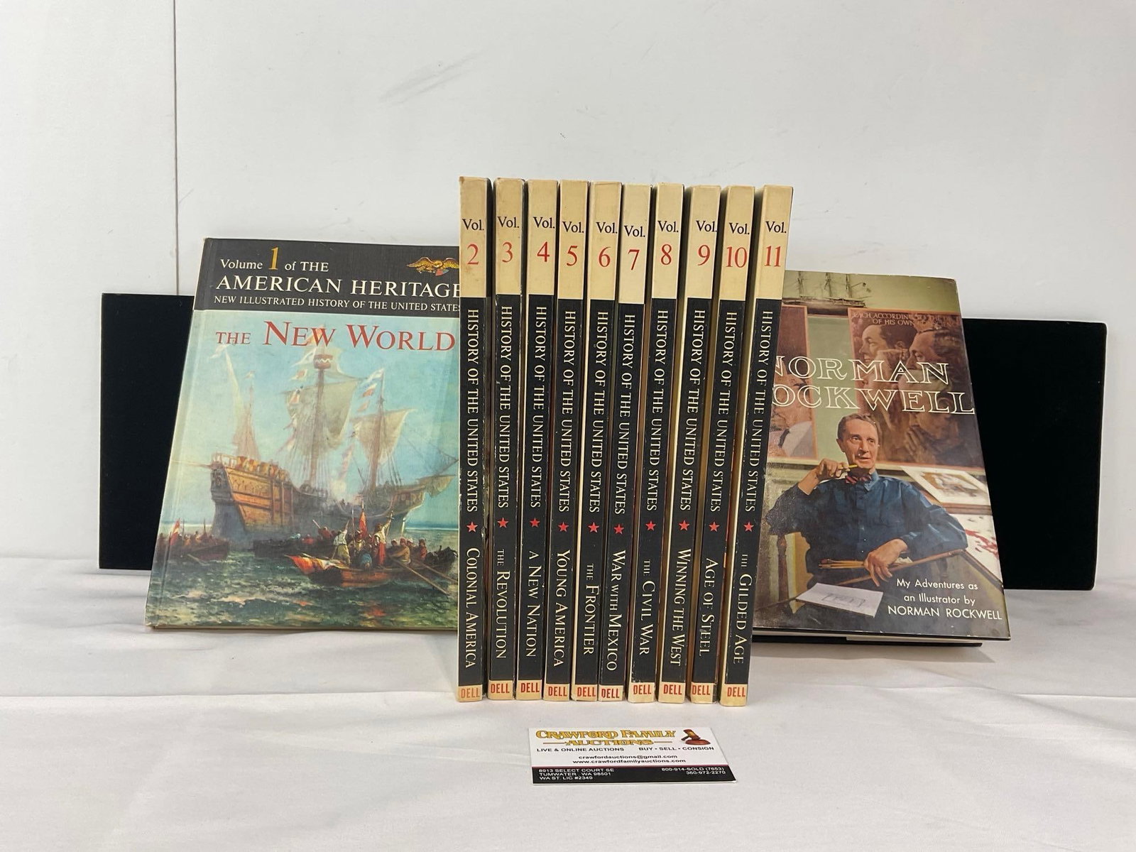 Set of History of the United States Vols 1-11, & My Adventures as an Illustrator by Norman Rockwell: Appears to be in good shape. The piece measures approx 9h x 12w x 10d inches. See pics. E-6610