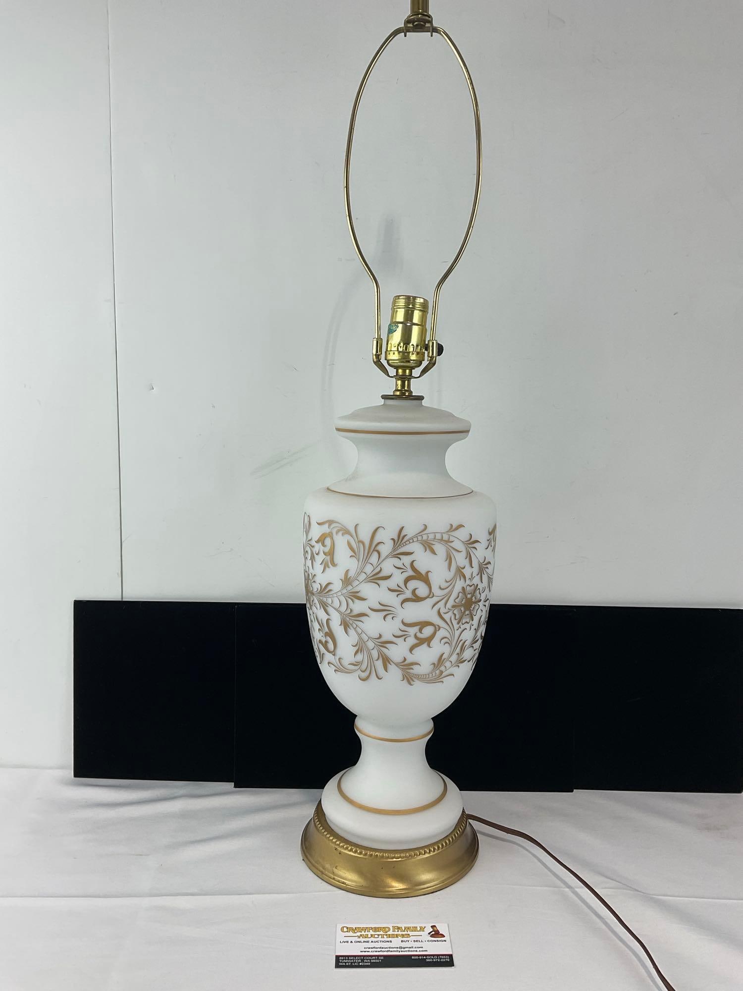 Vintage Satin Milk Glass Table Lamp w/Gilt Floral Motif, tested & working, no shade: Appears to be in good shape. The piece measures approx 30h x 8w x 8d inches. See pics. E-6610