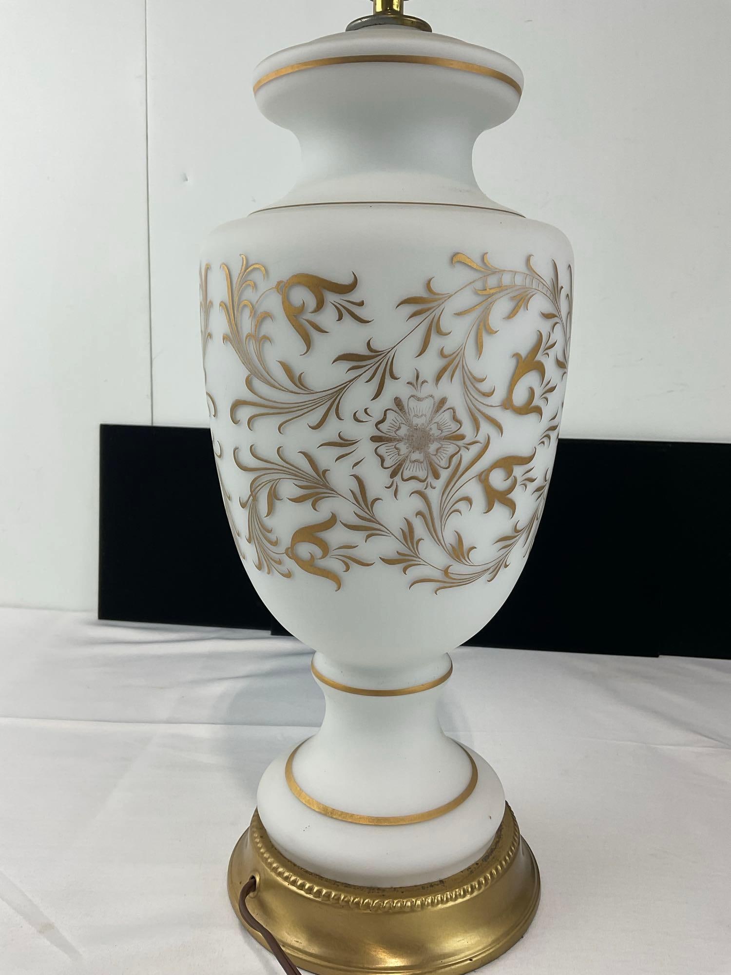 Vintage Satin Milk Glass Table Lamp w/Gilt Floral Motif, tested & working, no shade - 3