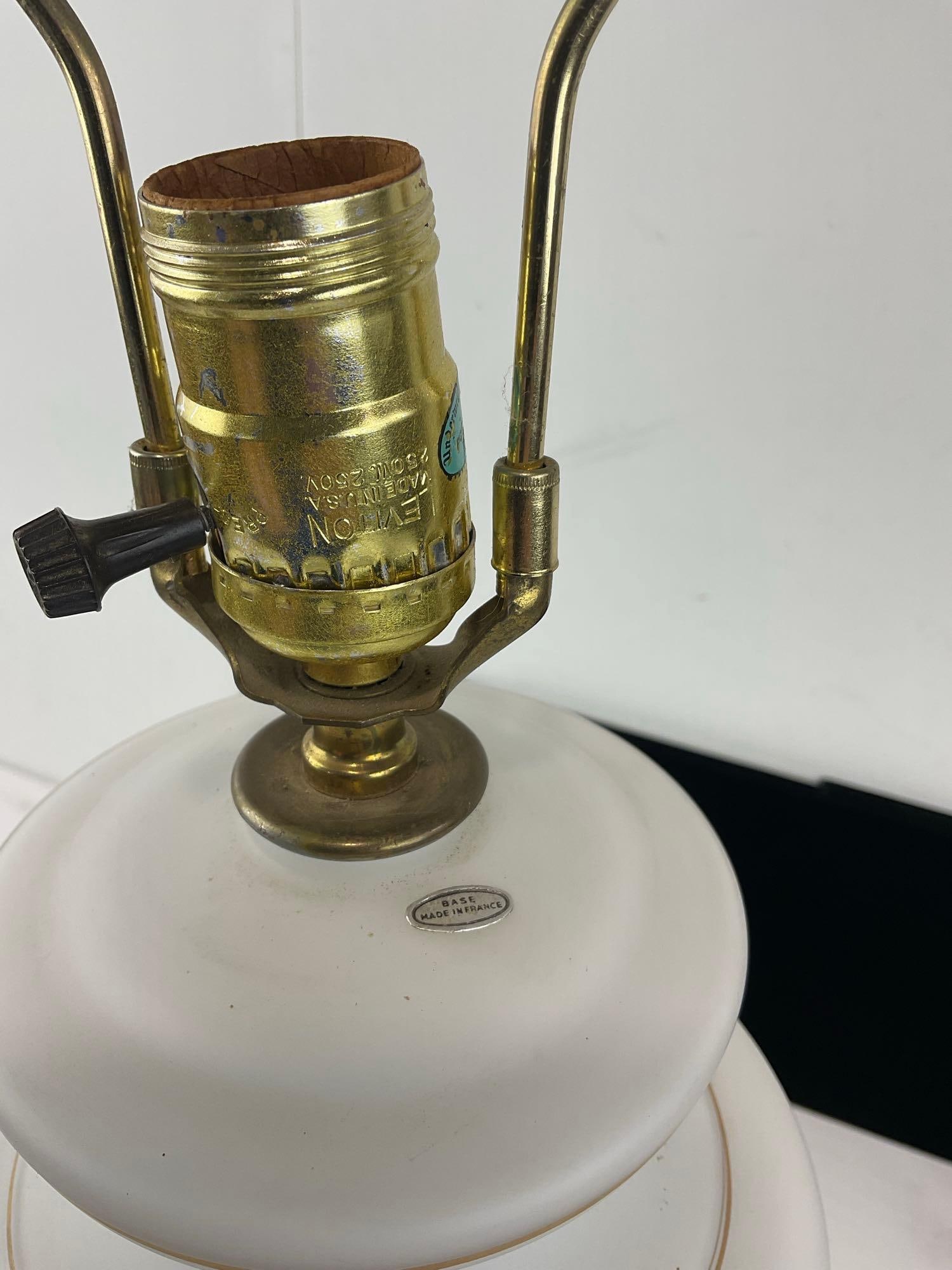 Vintage Satin Milk Glass Table Lamp w/Gilt Floral Motif, tested & working, no shade - 4