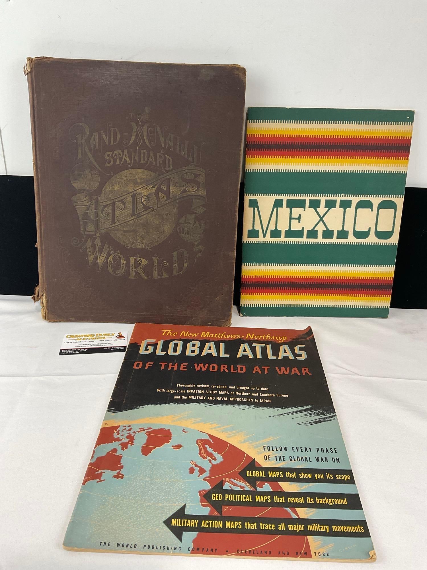 Rand McNally Standard World Atlas, Global Atlas World at War & Mexico by T. Philip Terry: Appears to be in fair to good shape, shows some wear from storage over the years. The piece measures approx 15h x 12w x 3d inches. See pics. E-6610