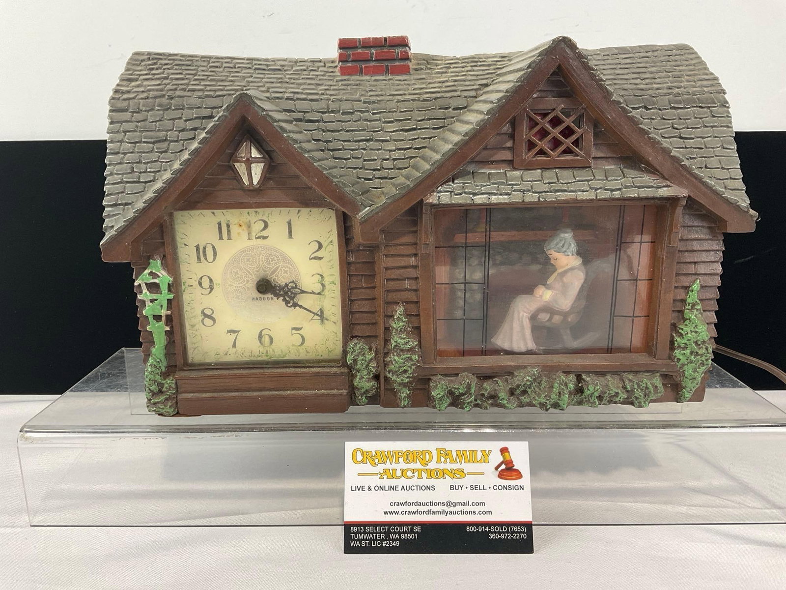 Home Sweet Home Model #30 Haddon Products Animated Electric Clock, 9h x 13w x 5d inches: Appears to be in good shape, needs some servicing. The piece measures approx 9h x 13w x 5d inches. See pics. E-6610