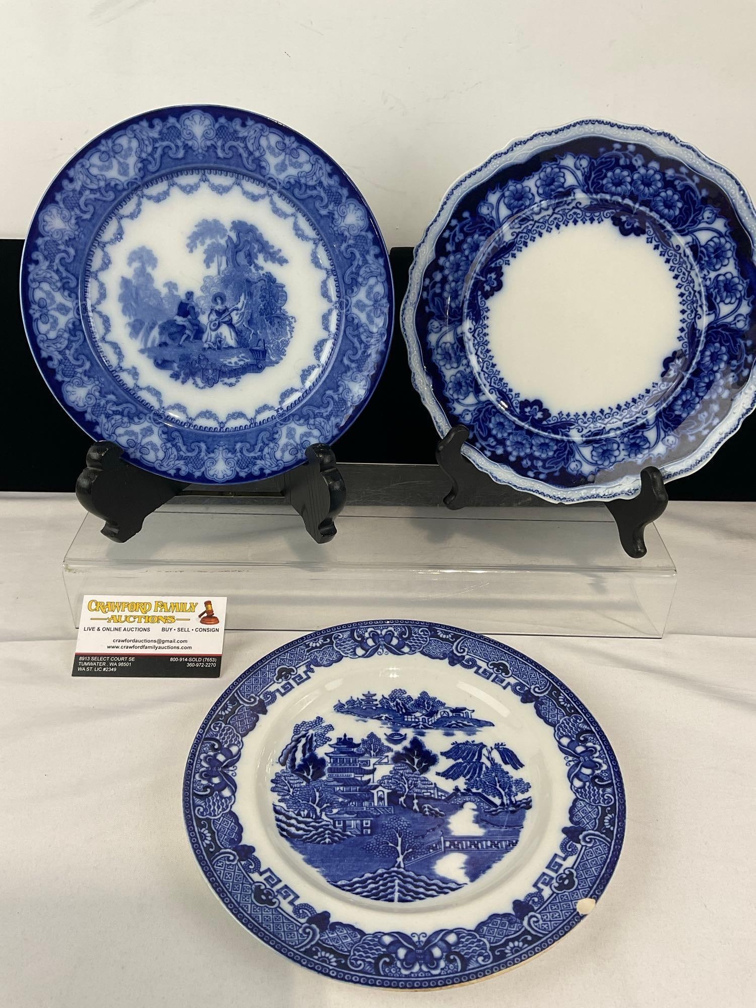 3 Flow Blue Plates, Watteau Burslem Doulton, Green & Co Gresley, & Johnson Bros, Pekin pattern (1 of 8)