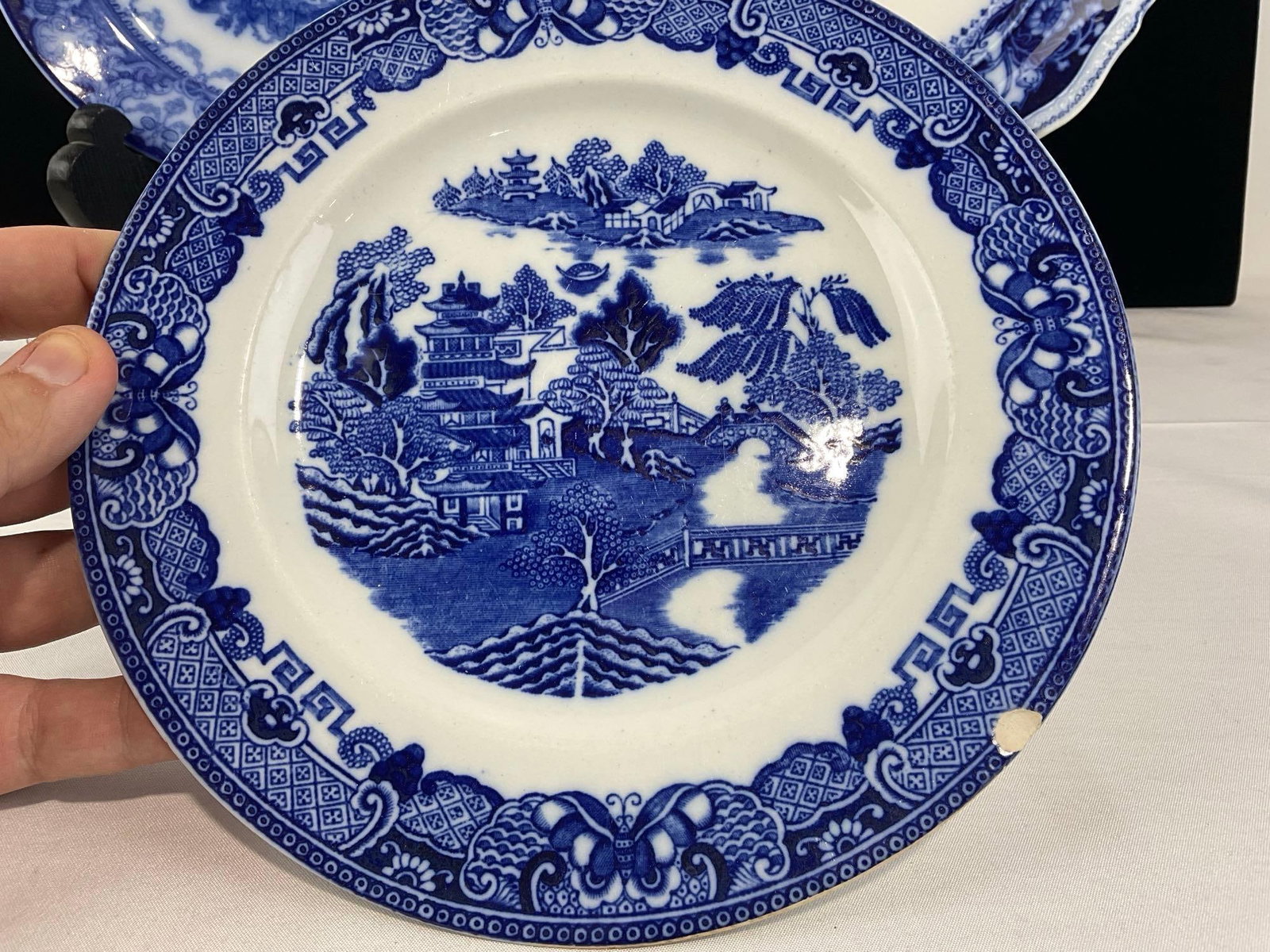 3 Flow Blue Plates, Watteau Burslem Doulton, Green & Co Gresley, & Johnson Bros, Pekin pattern - 2