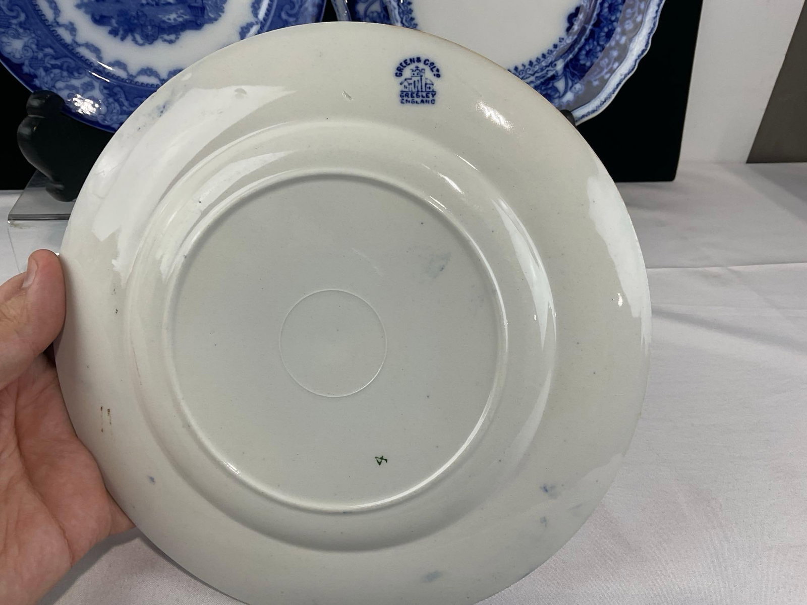 3 Flow Blue Plates, Watteau Burslem Doulton, Green & Co Gresley, & Johnson Bros, Pekin pattern - 3