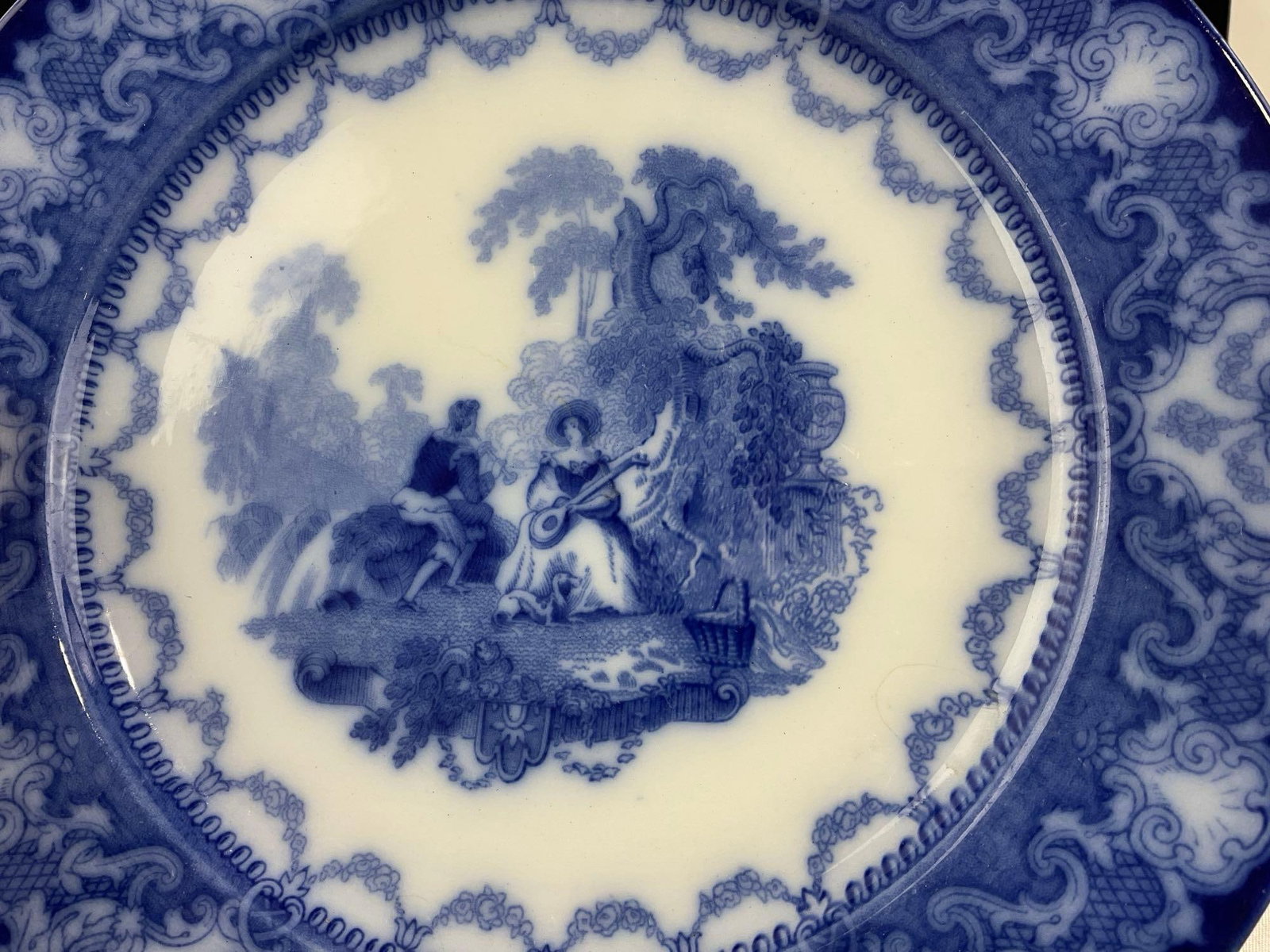 3 Flow Blue Plates, Watteau Burslem Doulton, Green & Co Gresley, & Johnson Bros, Pekin pattern - 4