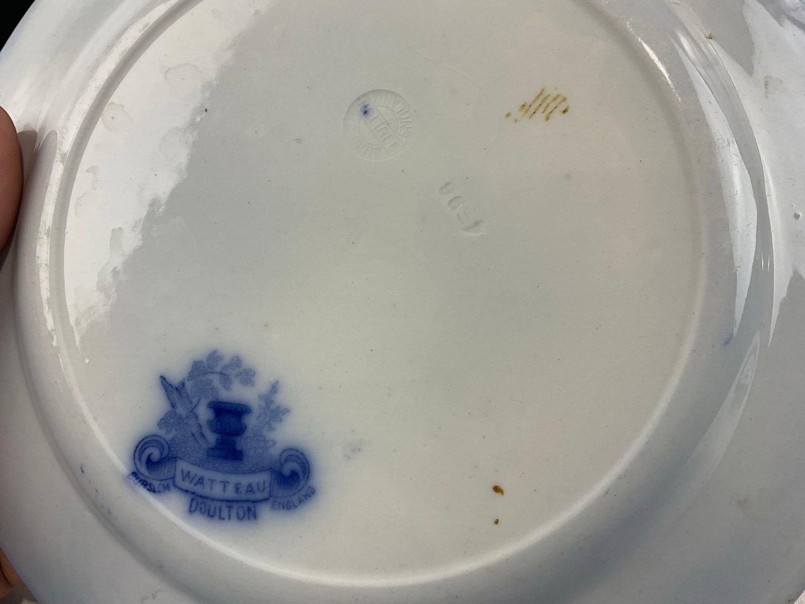 3 Flow Blue Plates, Watteau Burslem Doulton, Green & Co Gresley, & Johnson Bros, Pekin pattern - 5