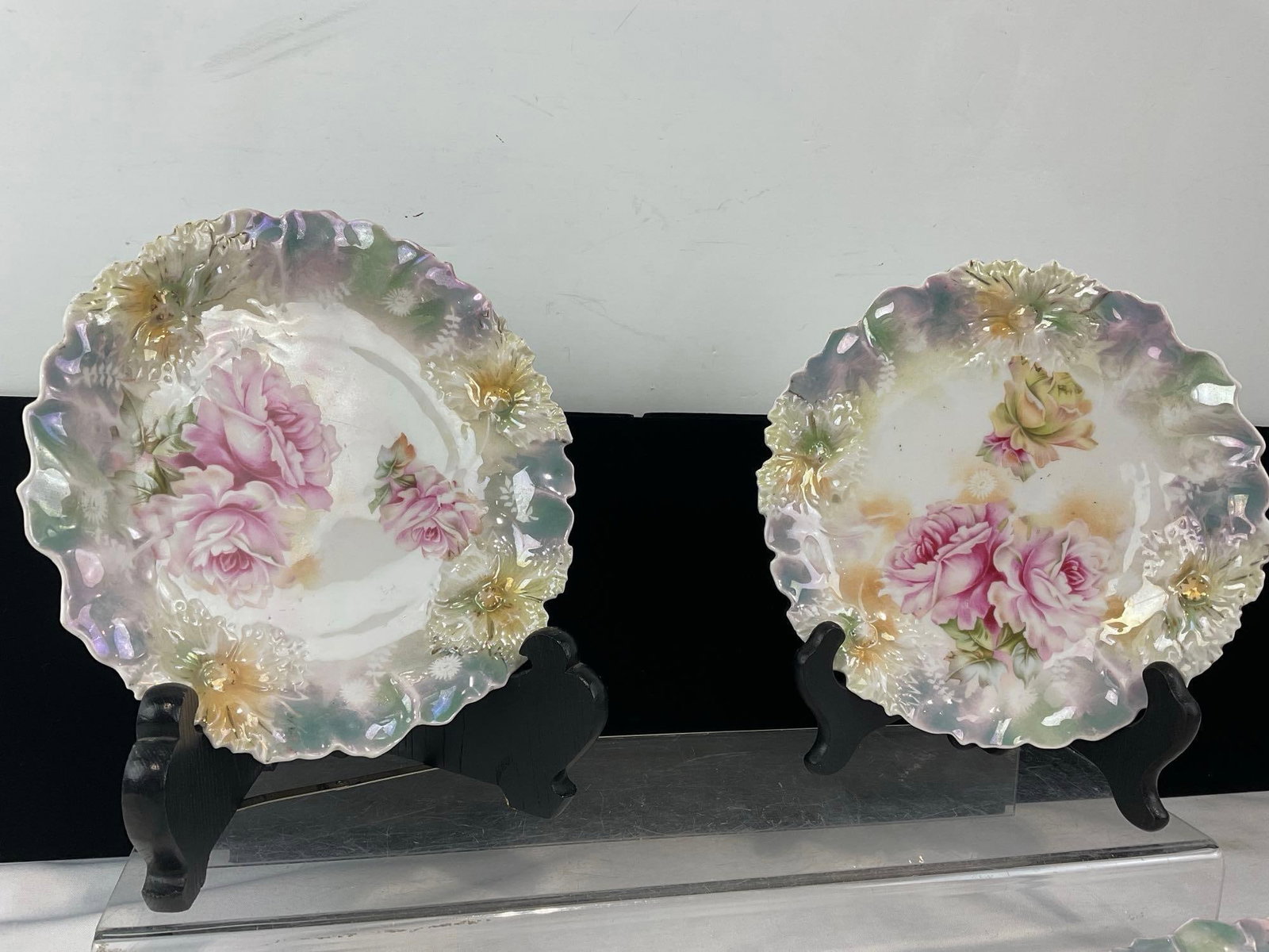 8 Antique Early 20th Century RS Prussia Plates, Handpainted Pink/White Roses, Scalloped Edges - 2