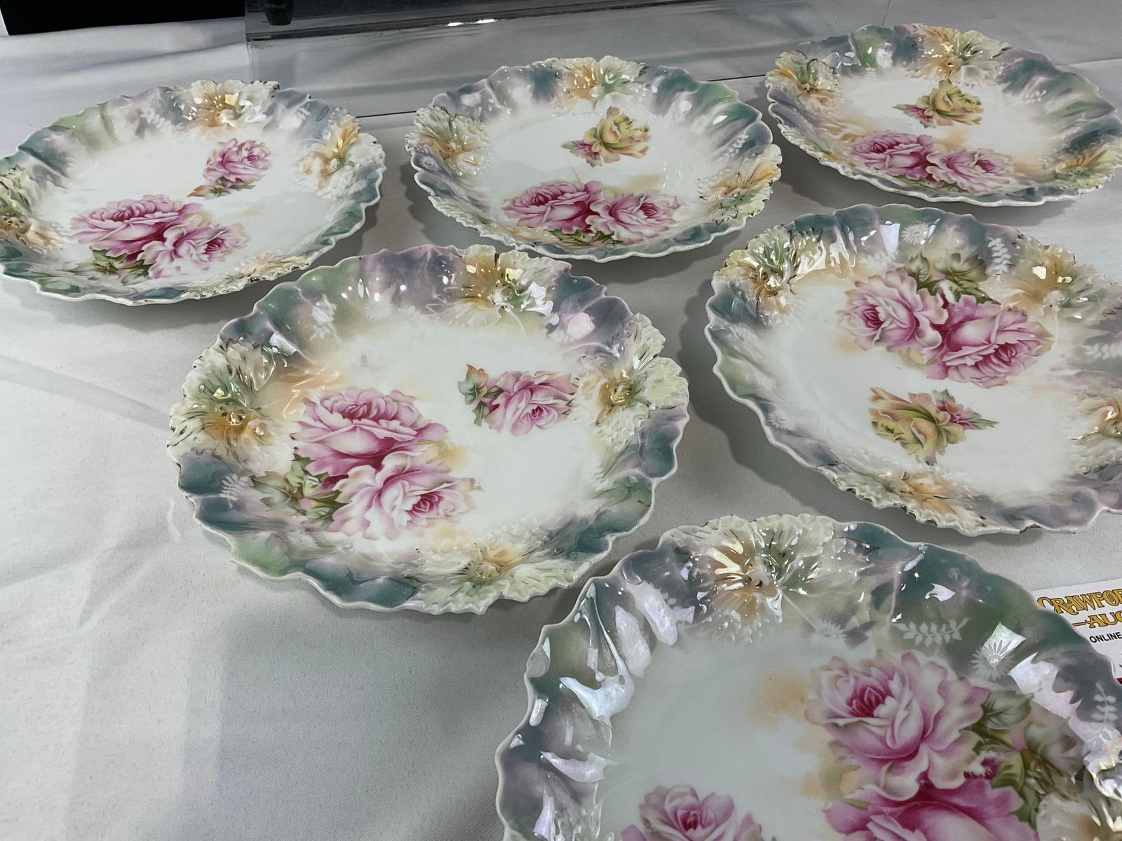 8 Antique Early 20th Century RS Prussia Plates, Handpainted Pink/White Roses, Scalloped Edges - 3