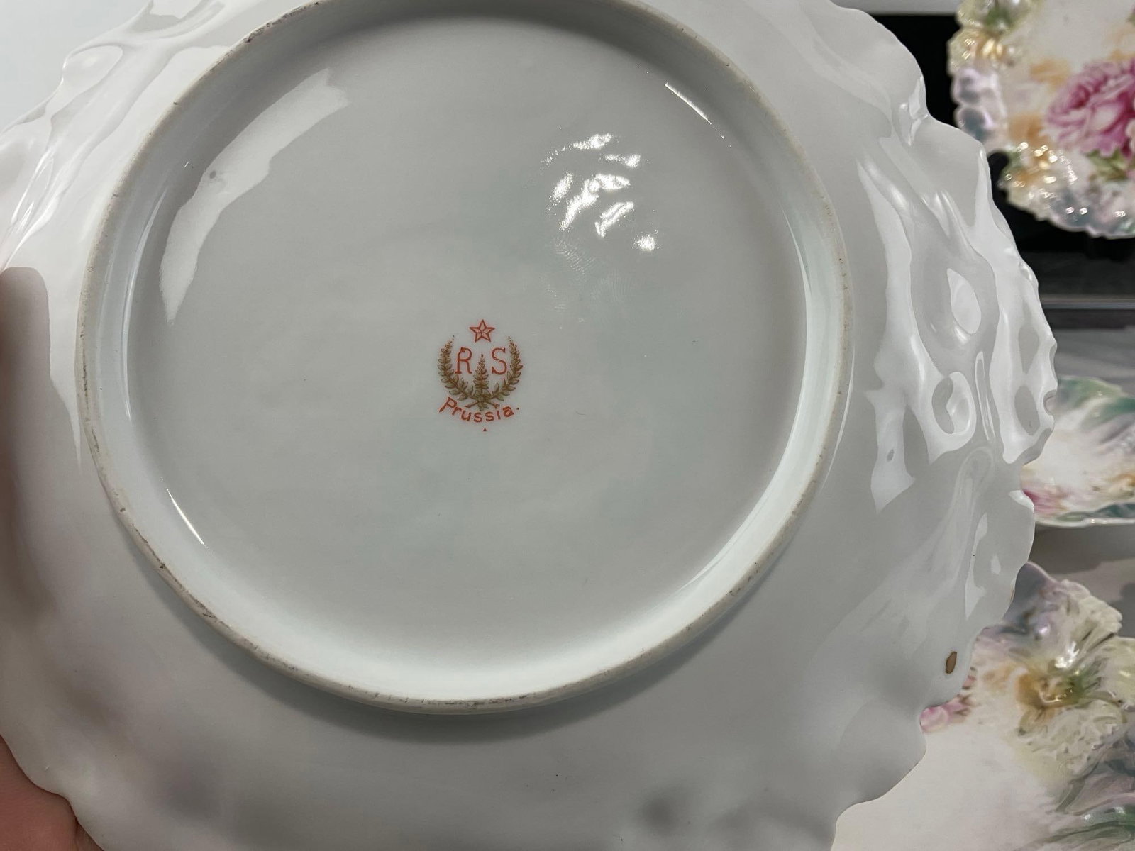 8 Antique Early 20th Century RS Prussia Plates, Handpainted Pink/White Roses, Scalloped Edges - 4