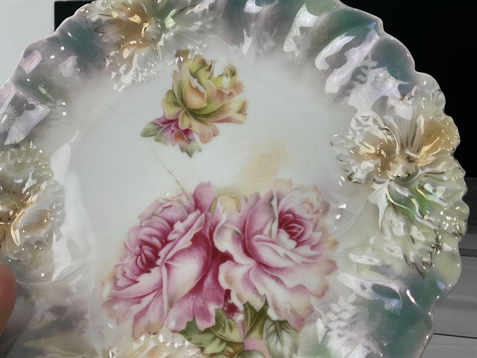 8 Antique Early 20th Century RS Prussia Plates, Handpainted Pink/White Roses, Scalloped Edges - 5