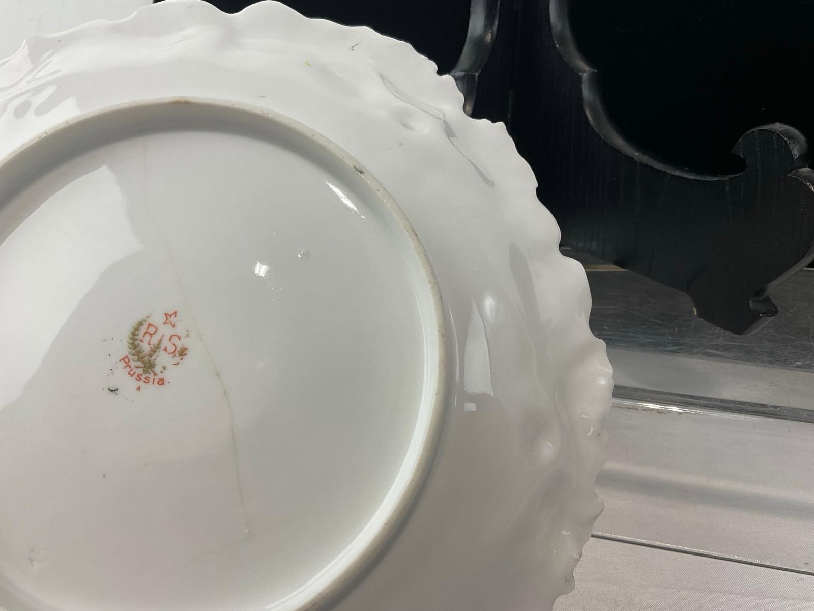 8 Antique Early 20th Century RS Prussia Plates, Handpainted Pink/White Roses, Scalloped Edges - 6