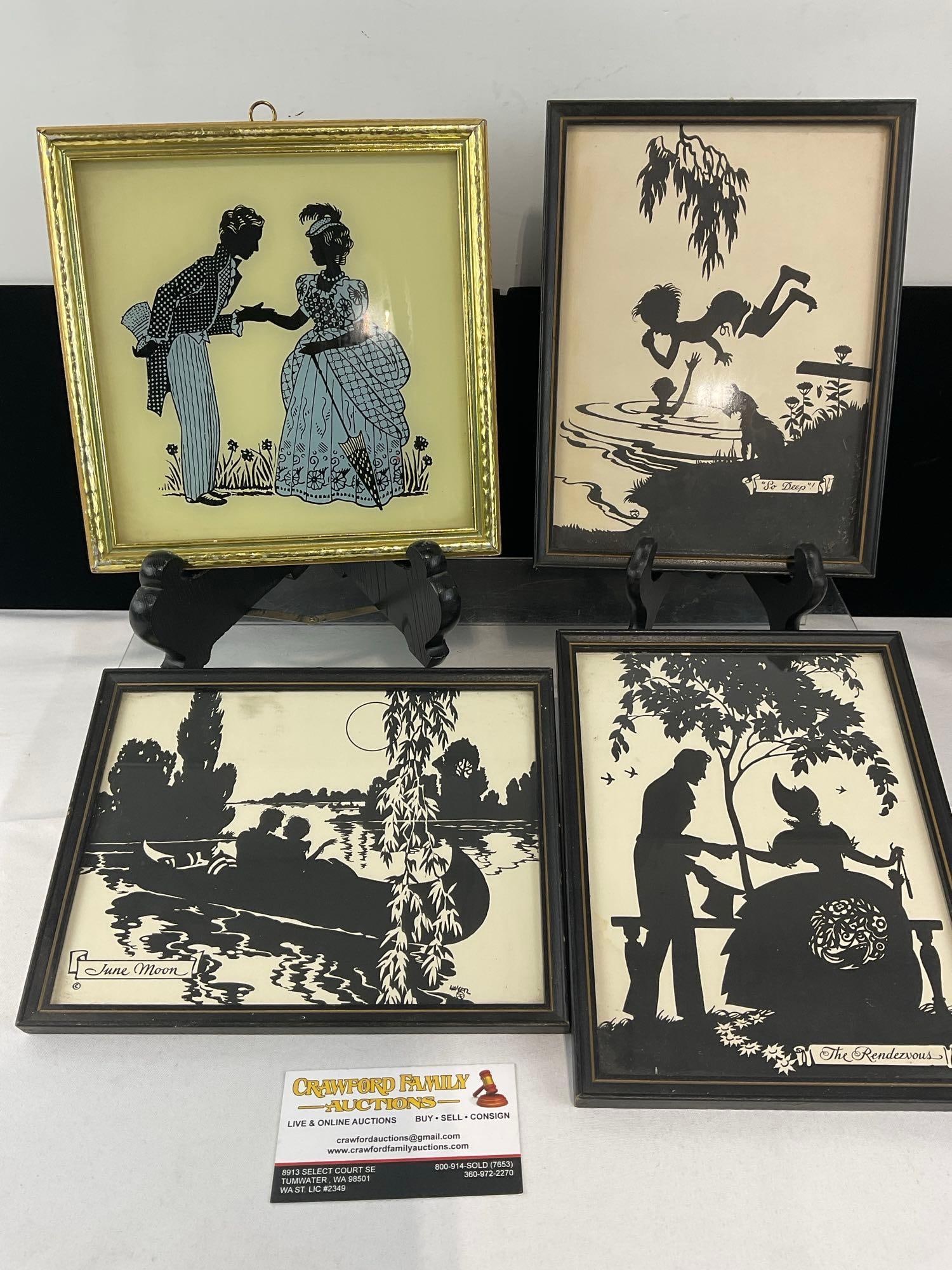 4 Small Framed Silhouette Art Pieces, So Deep, June Moon, & The Rendezvous: The gold tone frame has a message from when it was won. Appears to be in good shape. The piece measures approx 3h x 9w x 9d inches. See pics. E-6610