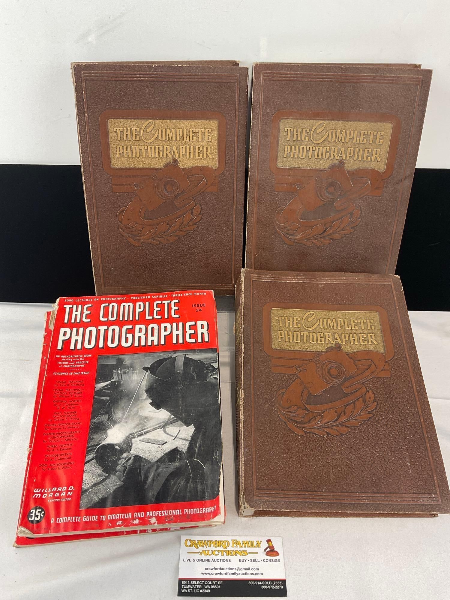 The Complete Photographer, Vols III, IV & V, w/Leather Cases, & Loose Issues 50, 52, 54 & 55.: Appears to be in fair to good shape, some wear on the covers, & more on the loose issues. The piece measures approx 6h x 11w x 8d inches. See pics. E-6610