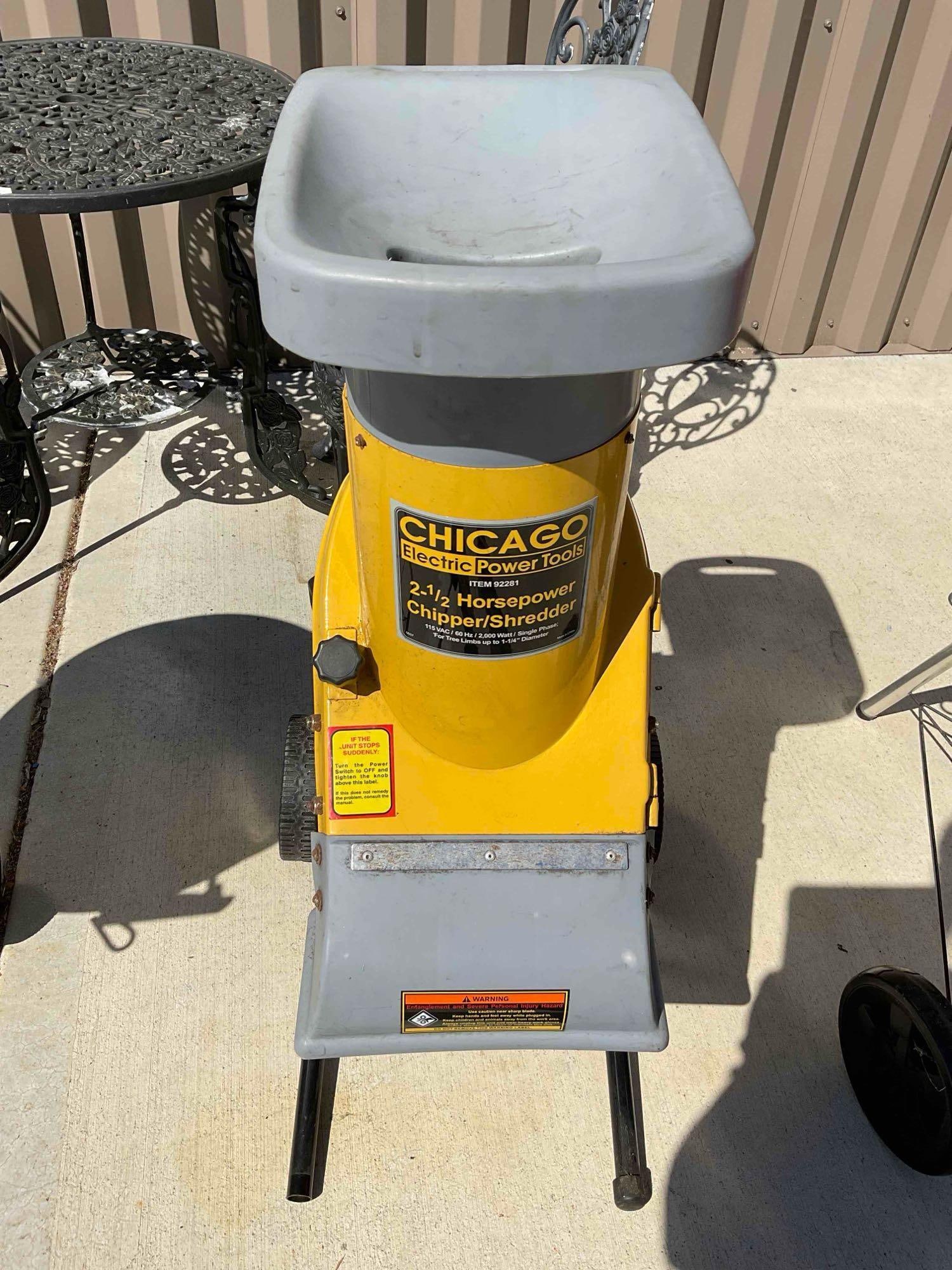 Chicago 2.5 HP Chipper/Shredder Model 92281. Untested, As Is. See pics.: Chicago 2.5 HP Chipper/Shredder Model 92281. Untested, As Is. Minor wear indicative of age and use, otherwise looks to be in good condition. Includes manual. Measures 18" x 23" x 38" DM-6400 