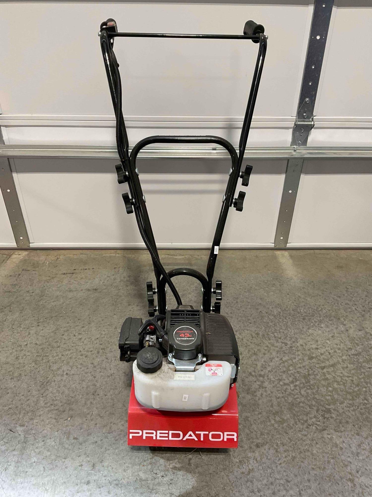 Predator 43cc 2 Stroke 9" Gas Powered Lawn Cultivator. Untested, Working Last Season. See pics.: Predator 43cc 2 Stroke 9" Gas Powered Lawn Cultivator. Untested, Working Last Season. Might require servicing. Cord has a good pull. Has wear indicative of age and use, otherwise looks to be in good
