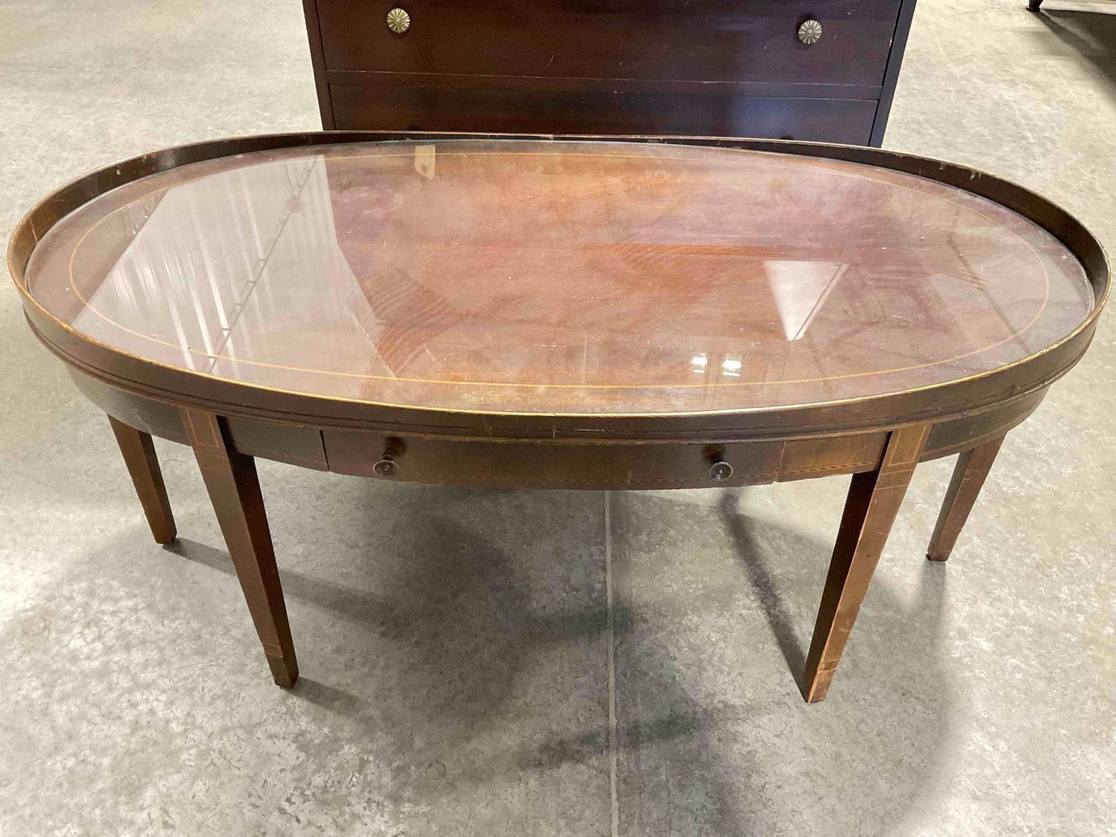 Vintage Mahogany? Wood Oval Coffee Table w/ Glass Top & Drawer. Fair Condition. See pics. (1 of 7)