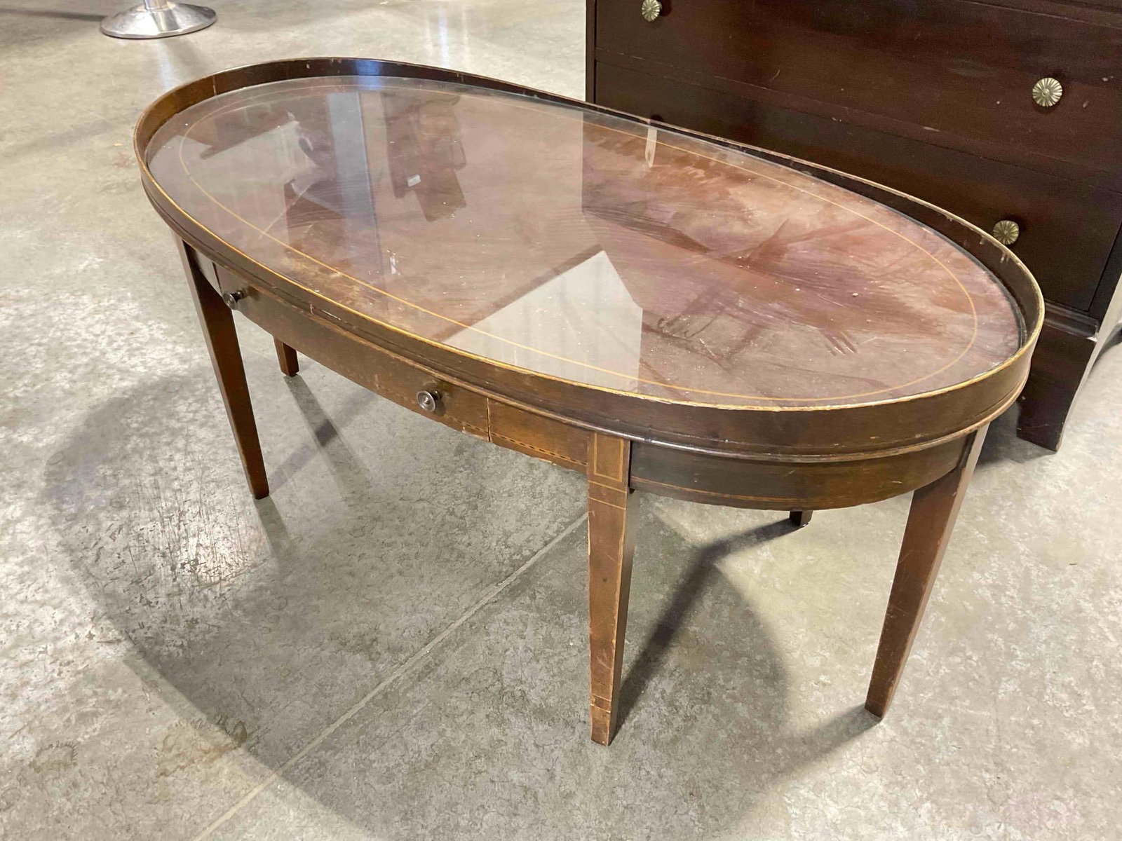 Vintage Mahogany? Wood Oval Coffee Table w/ Glass Top & Drawer. Fair Condition. See pics. - 2