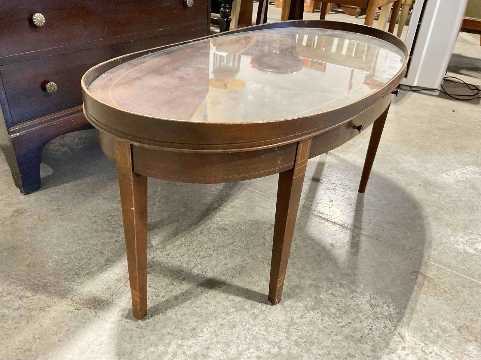 Vintage Mahogany? Wood Oval Coffee Table w/ Glass Top & Drawer. Fair Condition. See pics. - 3