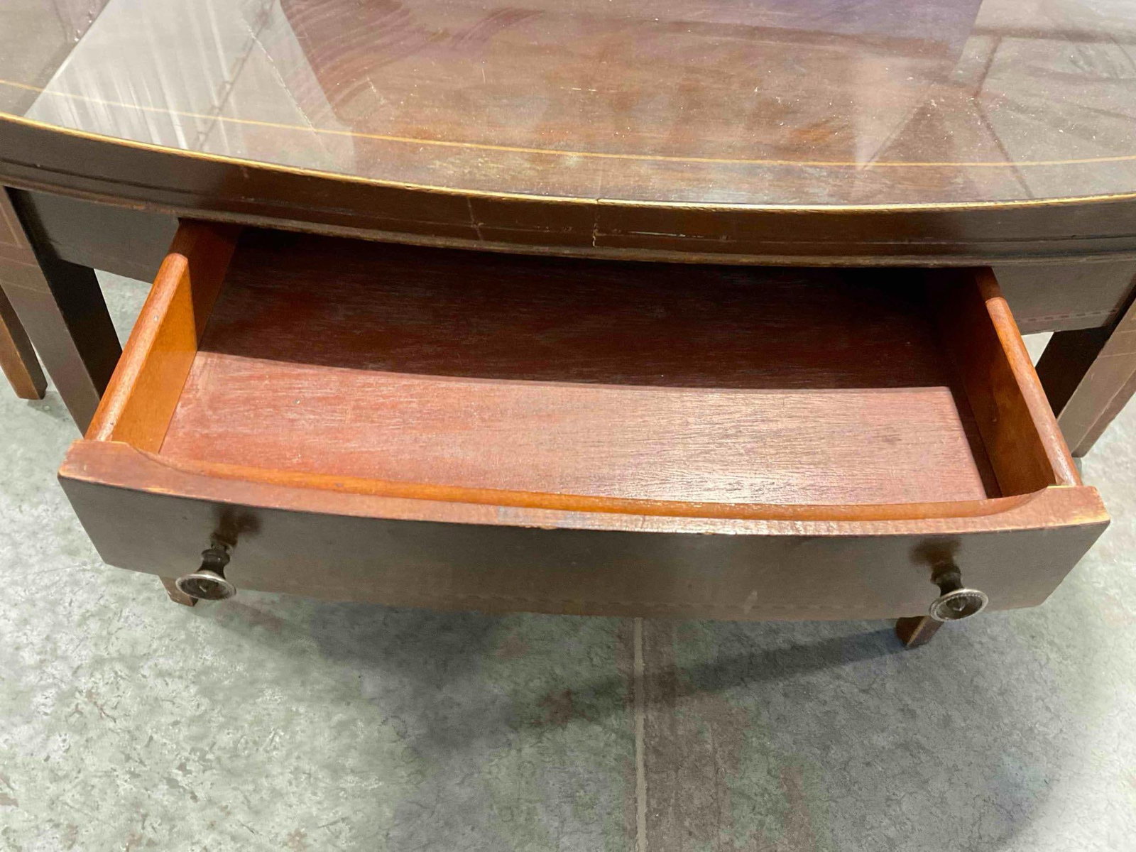 Vintage Mahogany? Wood Oval Coffee Table w/ Glass Top & Drawer. Fair Condition. See pics. - 4