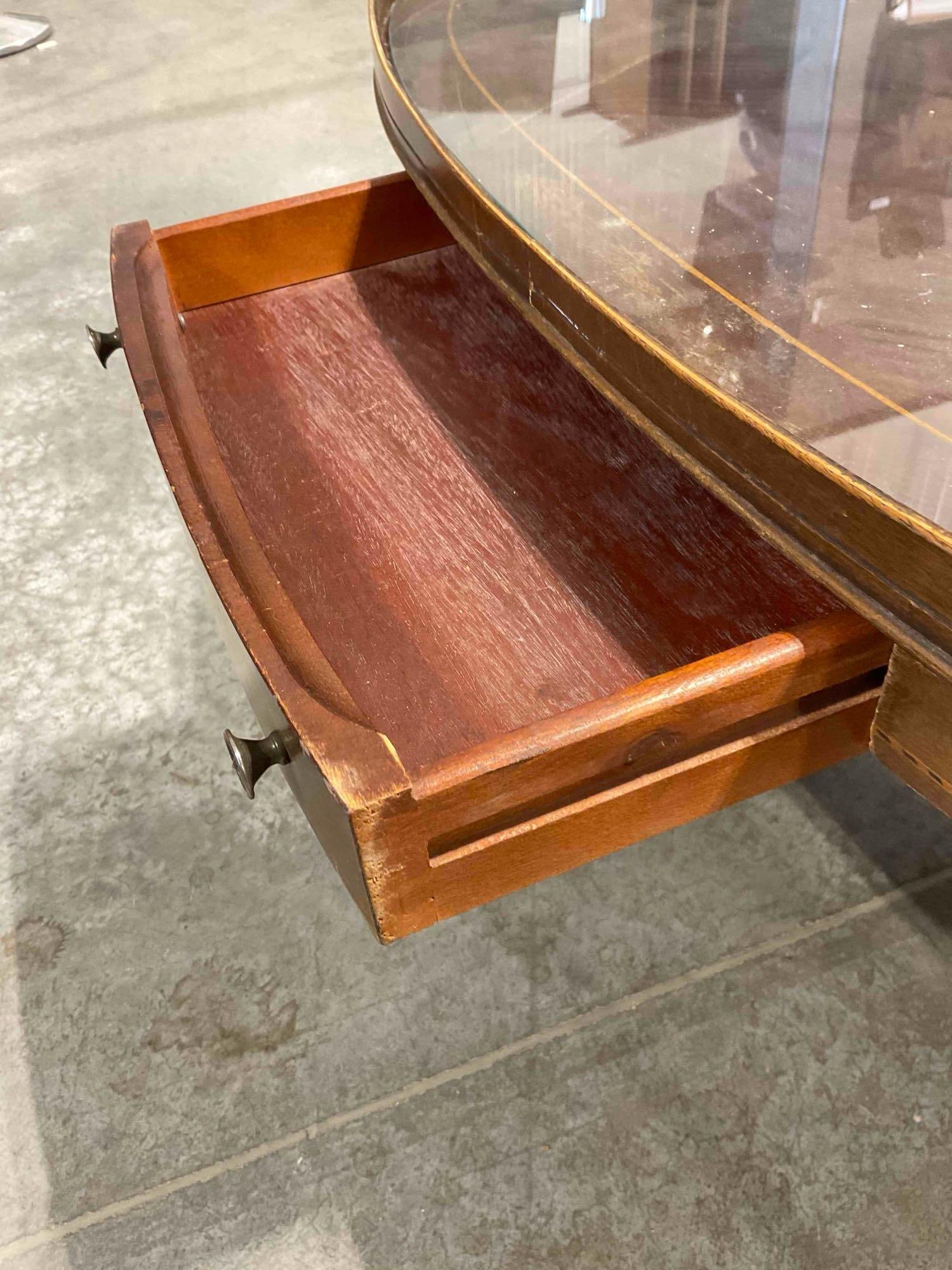 Vintage Mahogany? Wood Oval Coffee Table w/ Glass Top & Drawer. Fair Condition. See pics. - 5