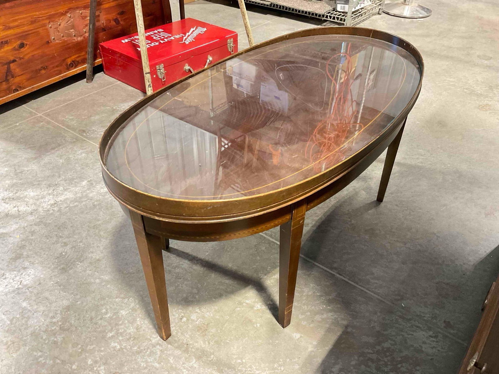 Vintage Mahogany? Wood Oval Coffee Table w/ Glass Top & Drawer. Fair Condition. See pics. - 6