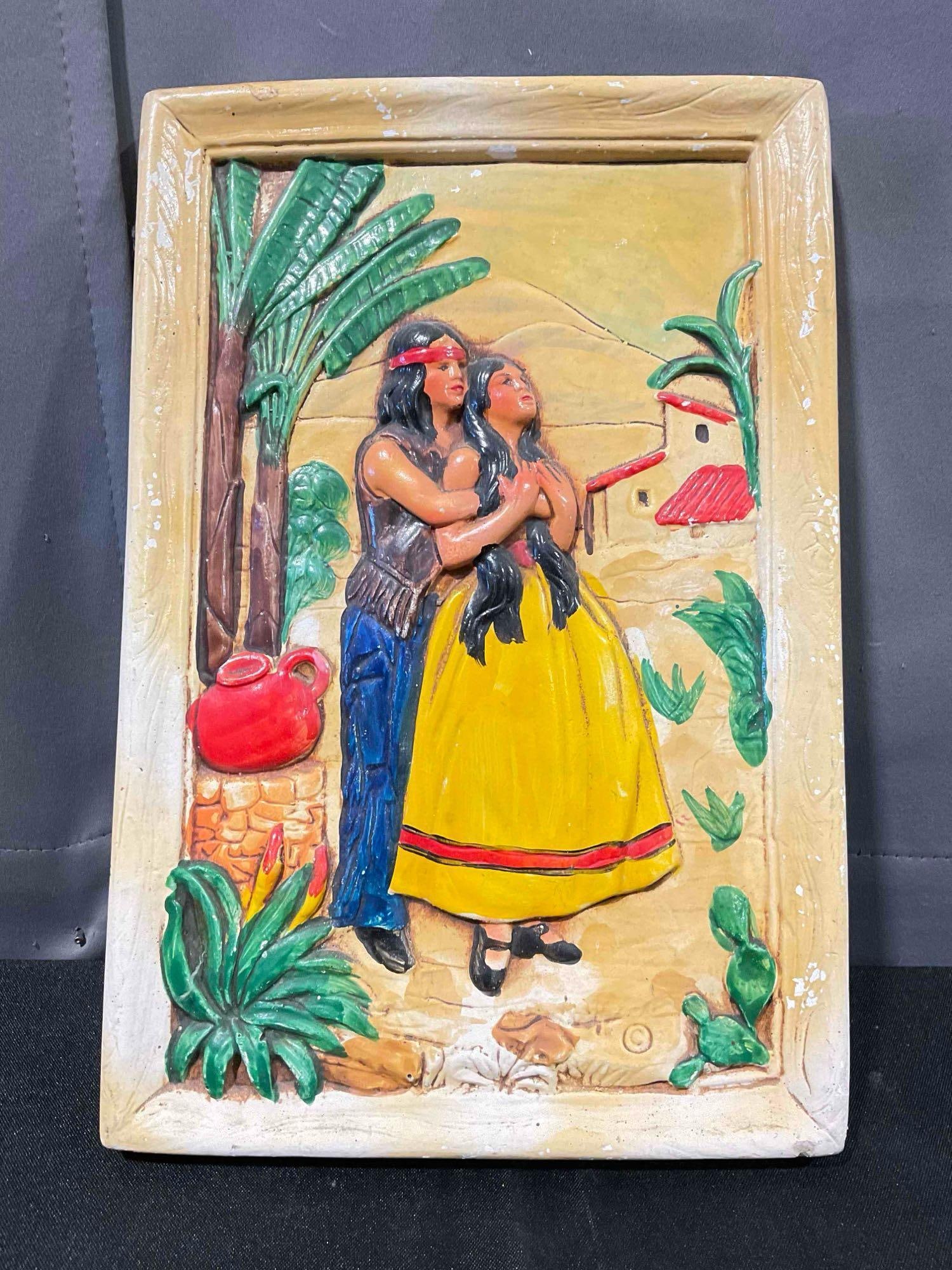 Vintage Chalkware Wall Plaque w/ Romantic Scene of Young Native American Lovers. See pics.: Vintage Chalkware Wall Plaque w/ Romantic Scene of Young Native American Lovers. Could be made in Mexico? Unsure. Charming. Minor wear indicative of age and use, otherwise looks to be in fair