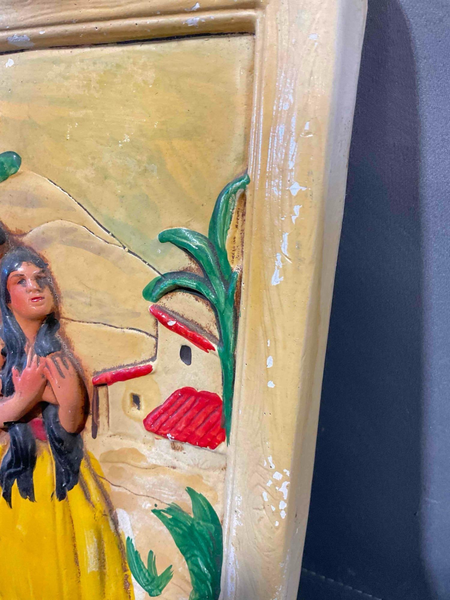 Vintage Chalkware Wall Plaque w/ Romantic Scene of Young Native American Lovers. See pics. - 2