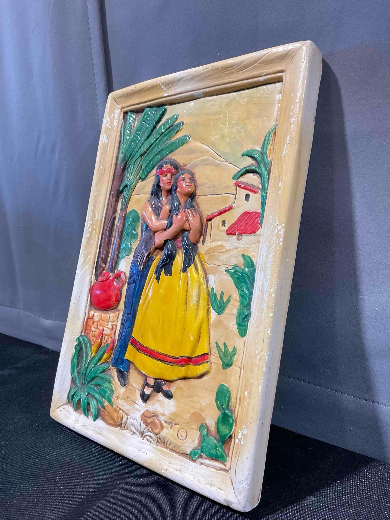Vintage Chalkware Wall Plaque w/ Romantic Scene of Young Native American Lovers. See pics. - 3