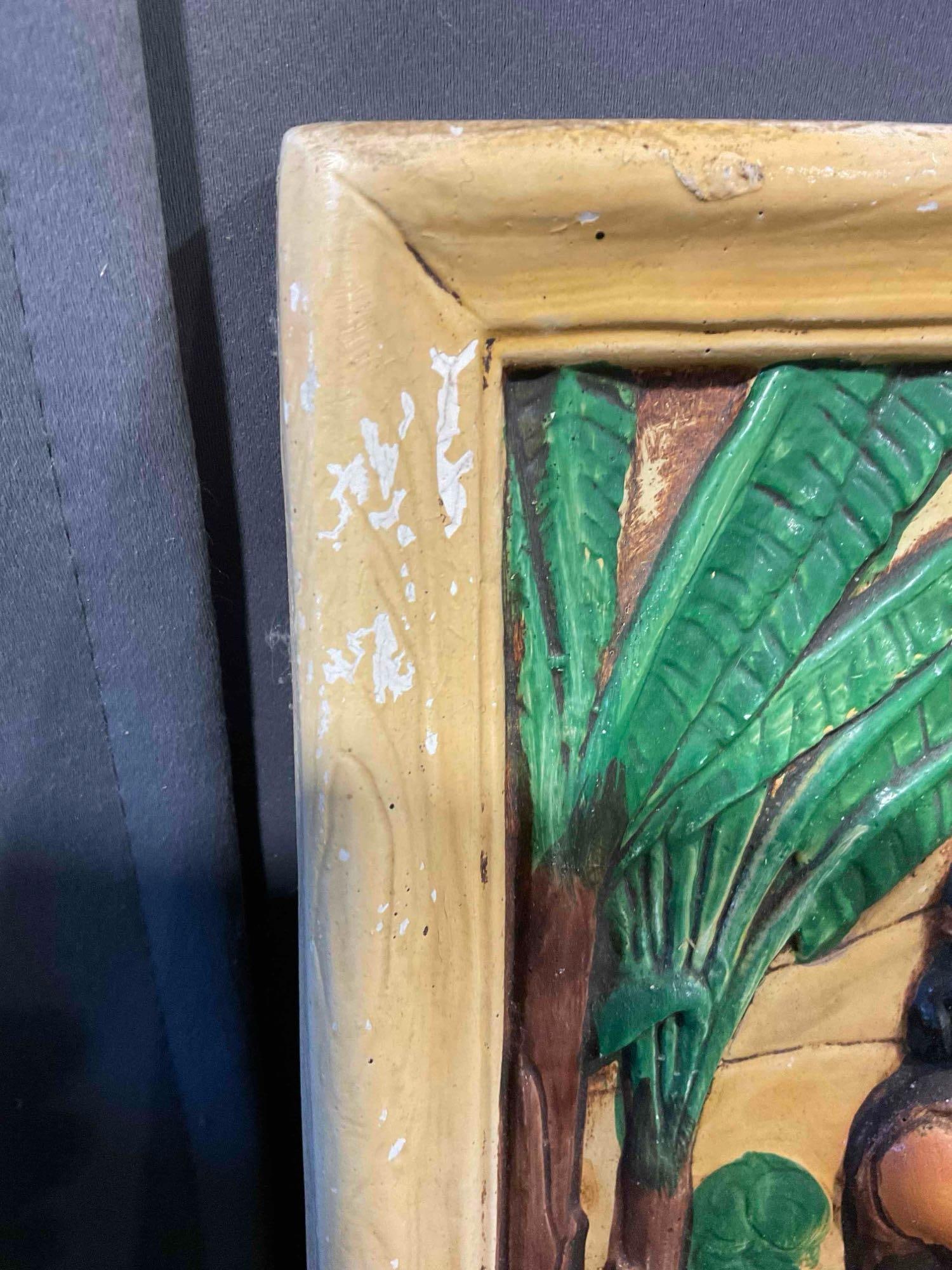 Vintage Chalkware Wall Plaque w/ Romantic Scene of Young Native American Lovers. See pics. - 4