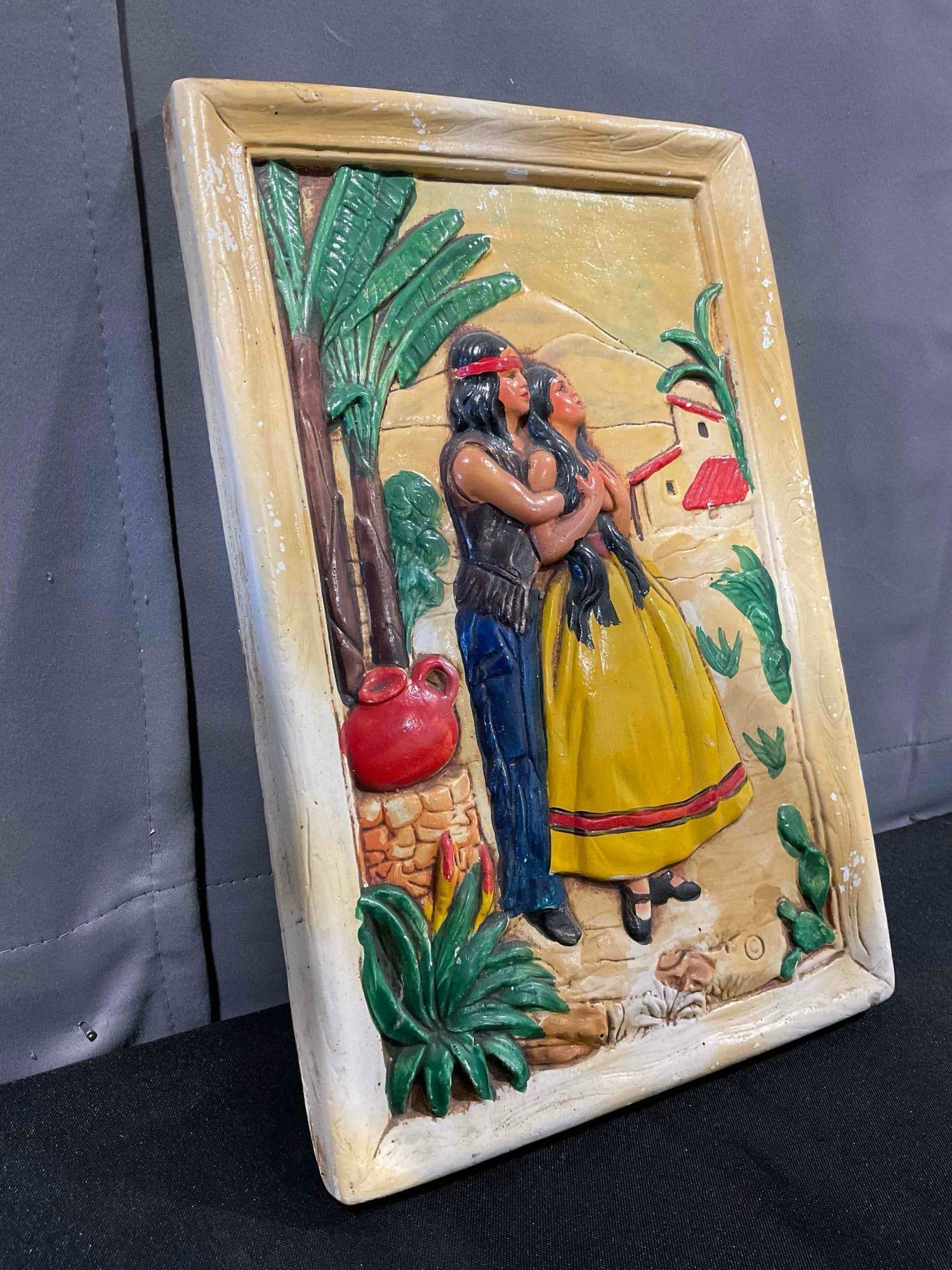 Vintage Chalkware Wall Plaque w/ Romantic Scene of Young Native American Lovers. See pics. - 5