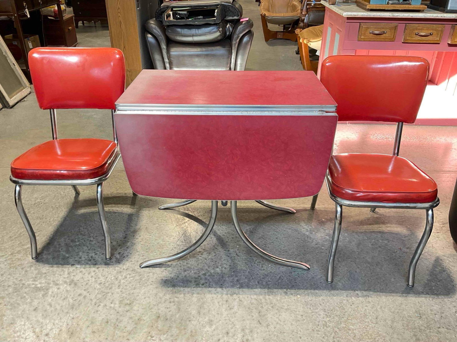Vintage Mid Century Red Laminate & Chrome Drop Leaf Table w/ 2x Virtue Red Vinyl Chairs. (1 of 10)
