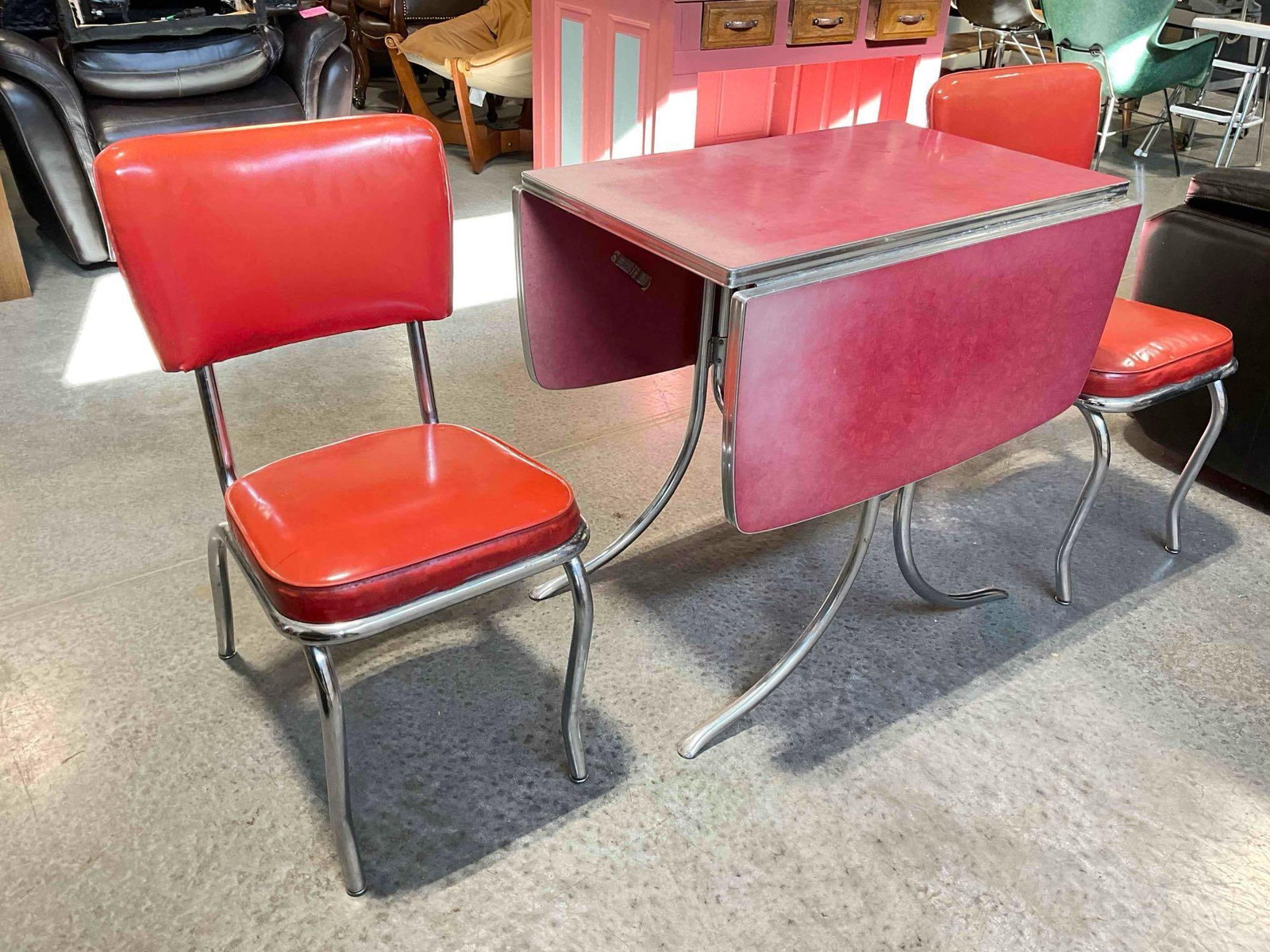 Vintage Mid Century Red Laminate & Chrome Drop Leaf Table w/ 2x Virtue Red Vinyl Chairs. - 2