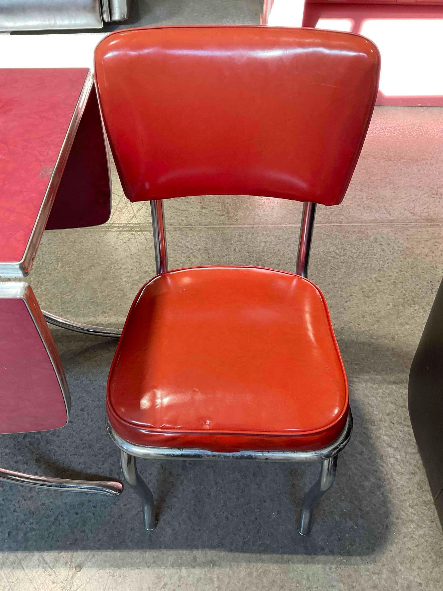 Vintage Mid Century Red Laminate & Chrome Drop Leaf Table w/ 2x Virtue Red Vinyl Chairs. - 4